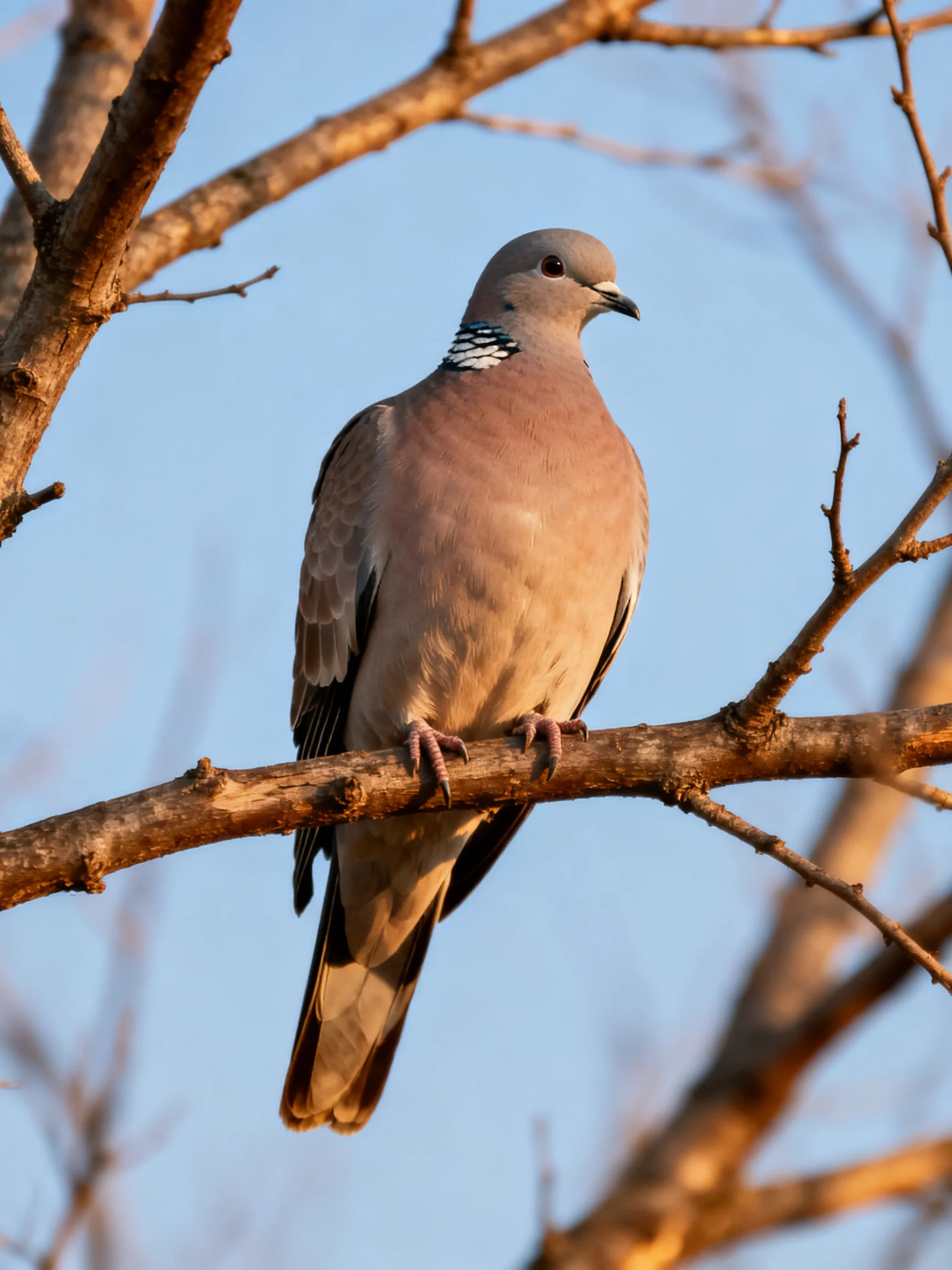 A gray-headed pigeon rests on a bare tree branch against a clear sky.