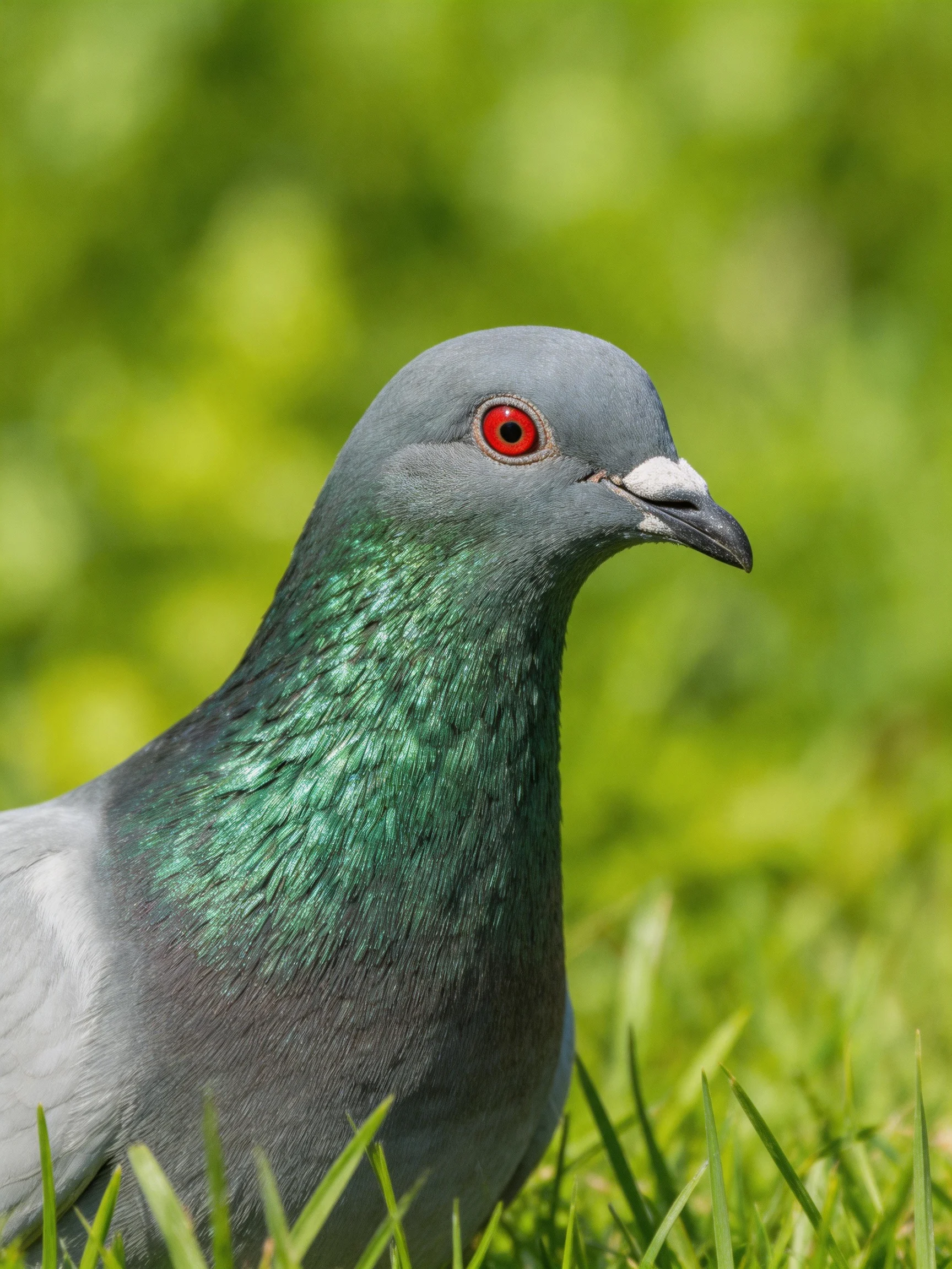 Gray-headed pigeon with green neck, red eye, on grass