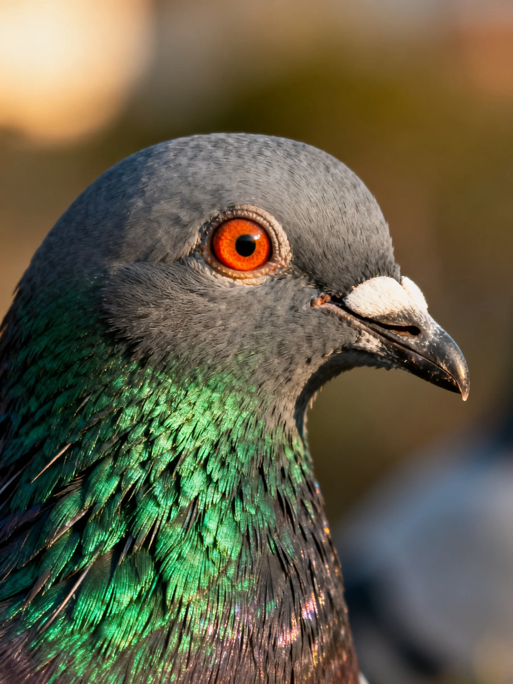 Close-up of a pigeon displaying gray head, green feathers, and orange eye.