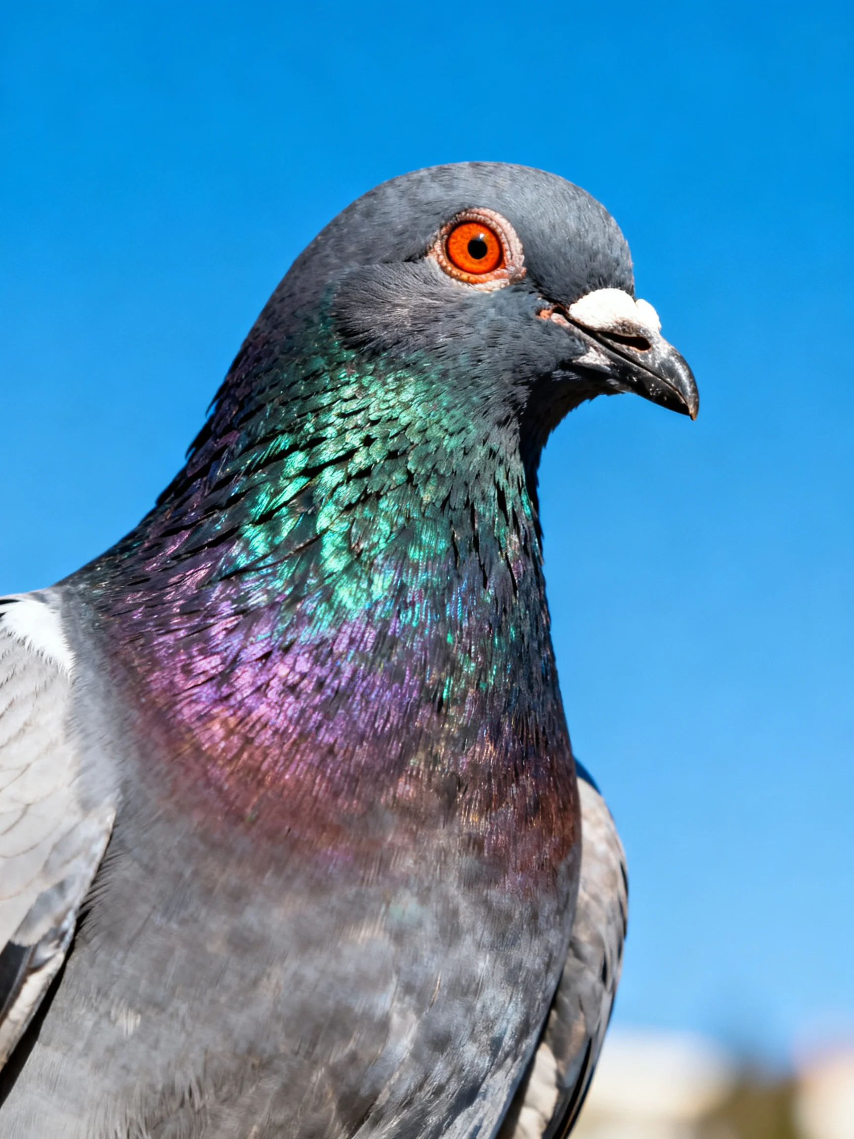 Gray-headed pigeon with iridescent green-purple neck on clear blue sky