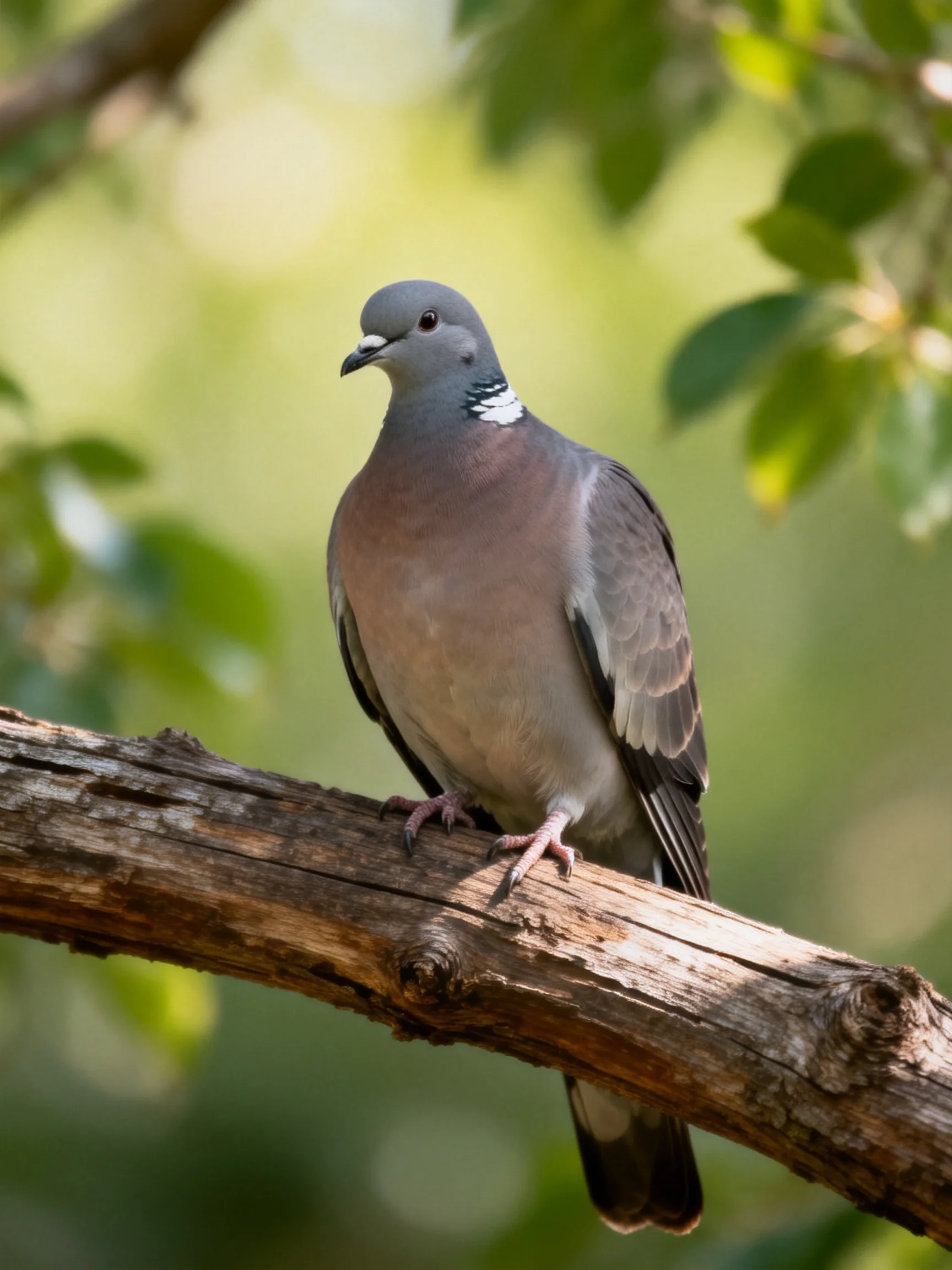 Gray-headed pigeon with white neck patch perches on weathered branch