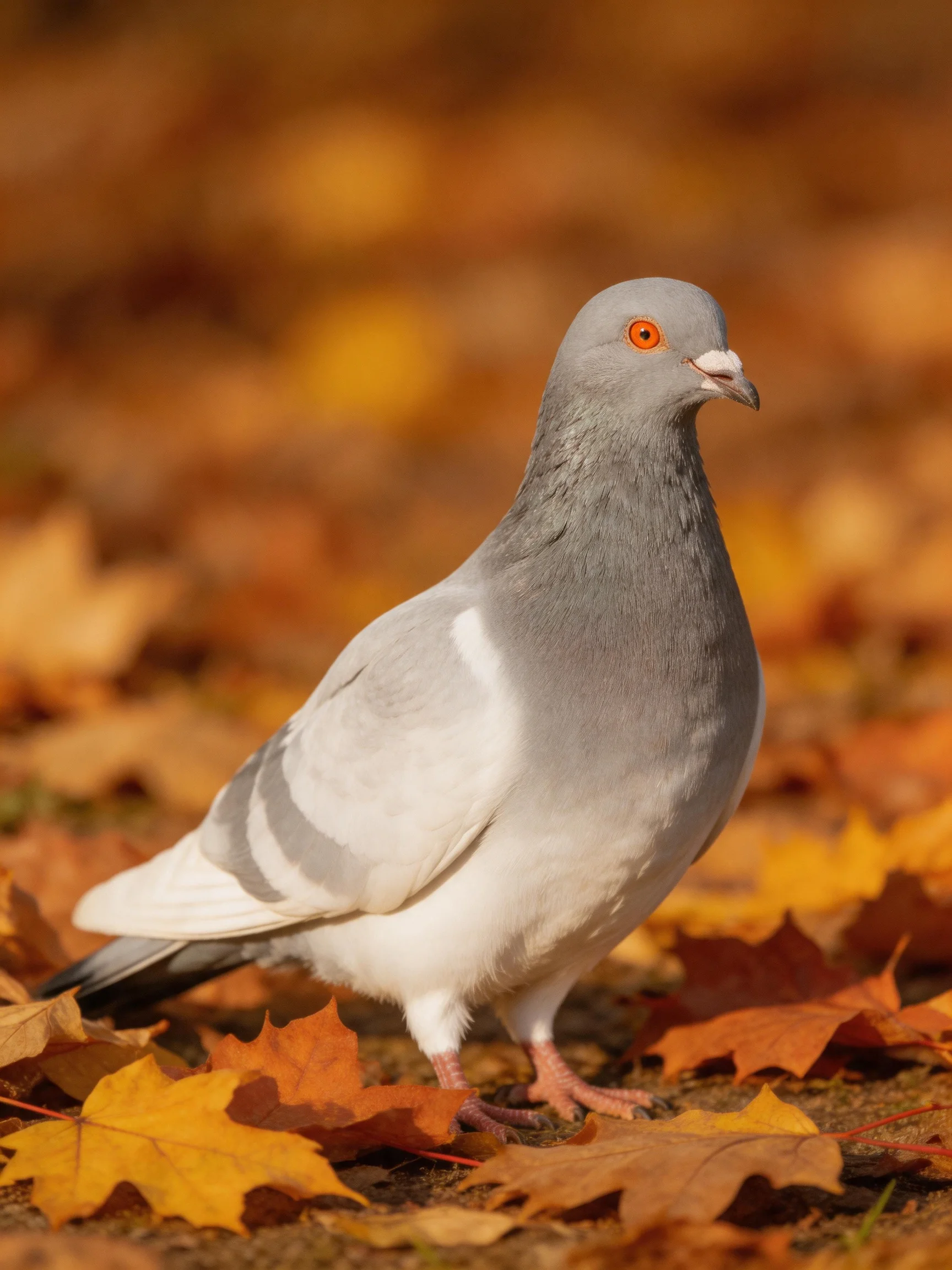 Gray pigeon amid colorful autumn leaves with orange eyes
