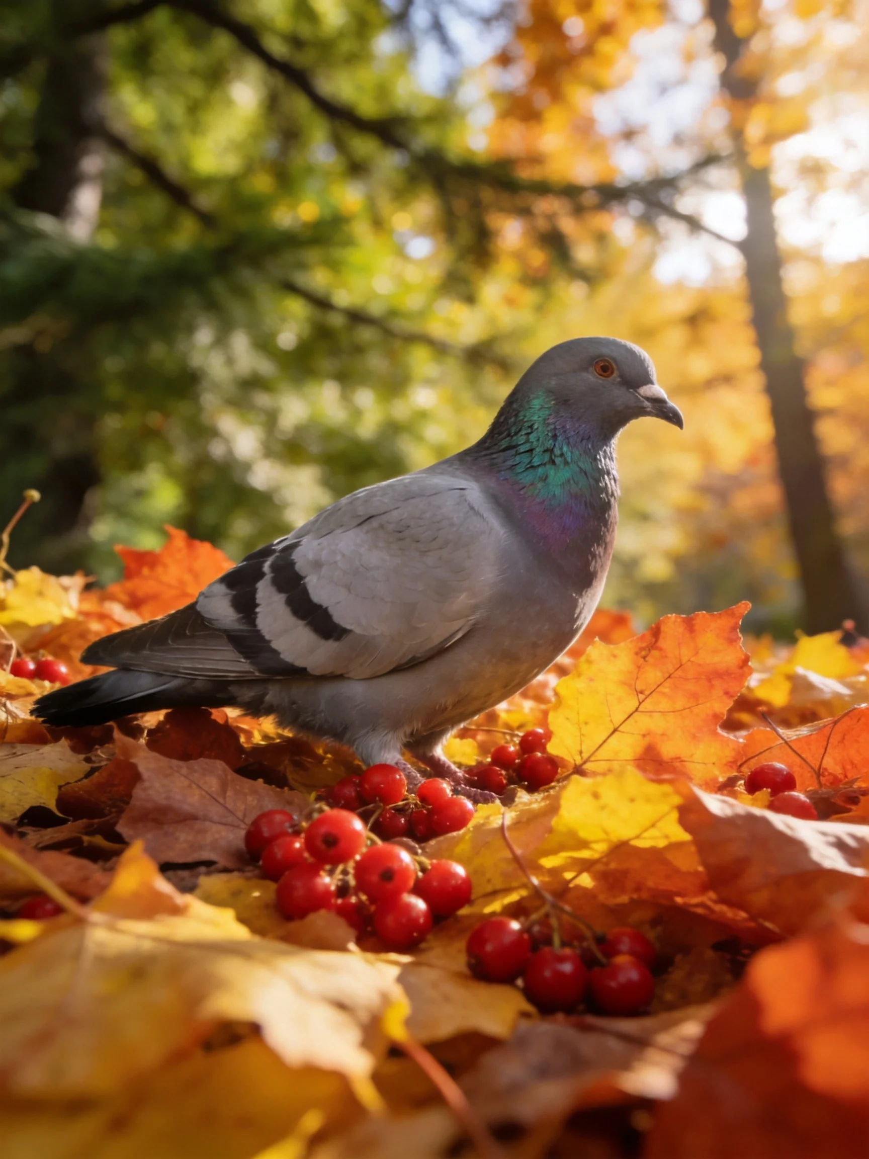 Gray pigeon amidst golden autumn leaves and red berries