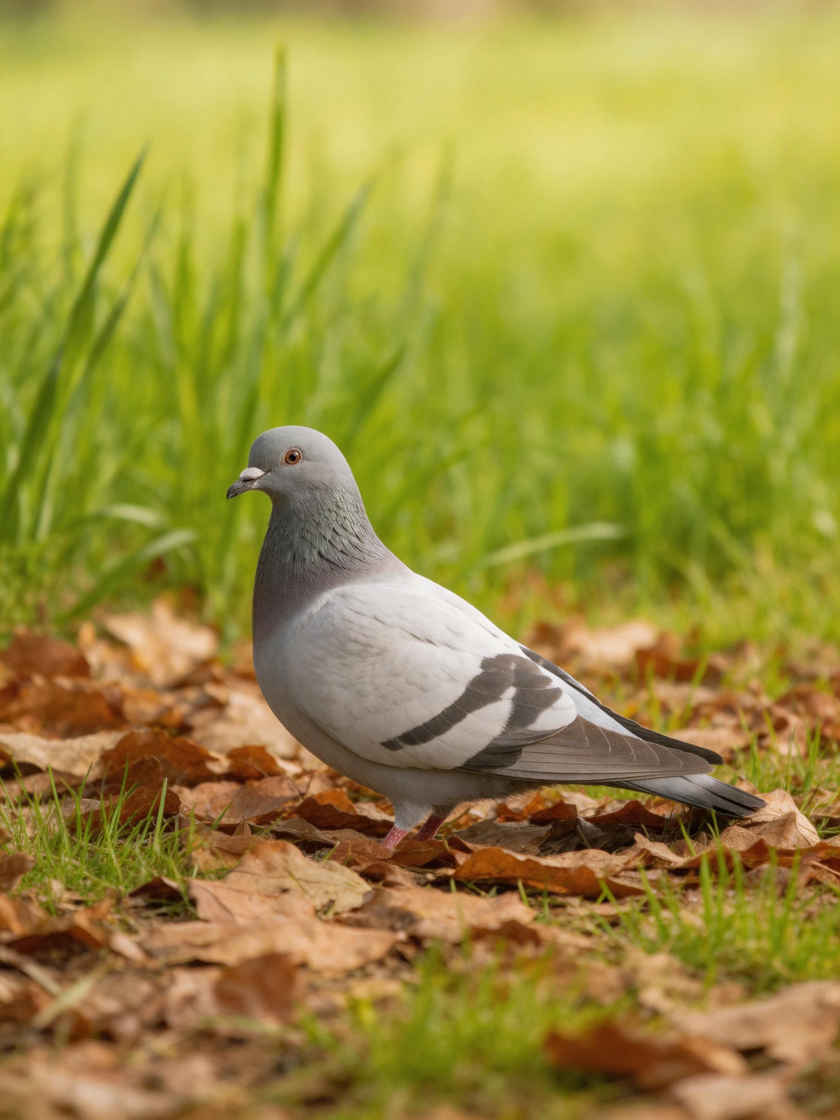 Gray pigeon among scattered brown leaves and green grass