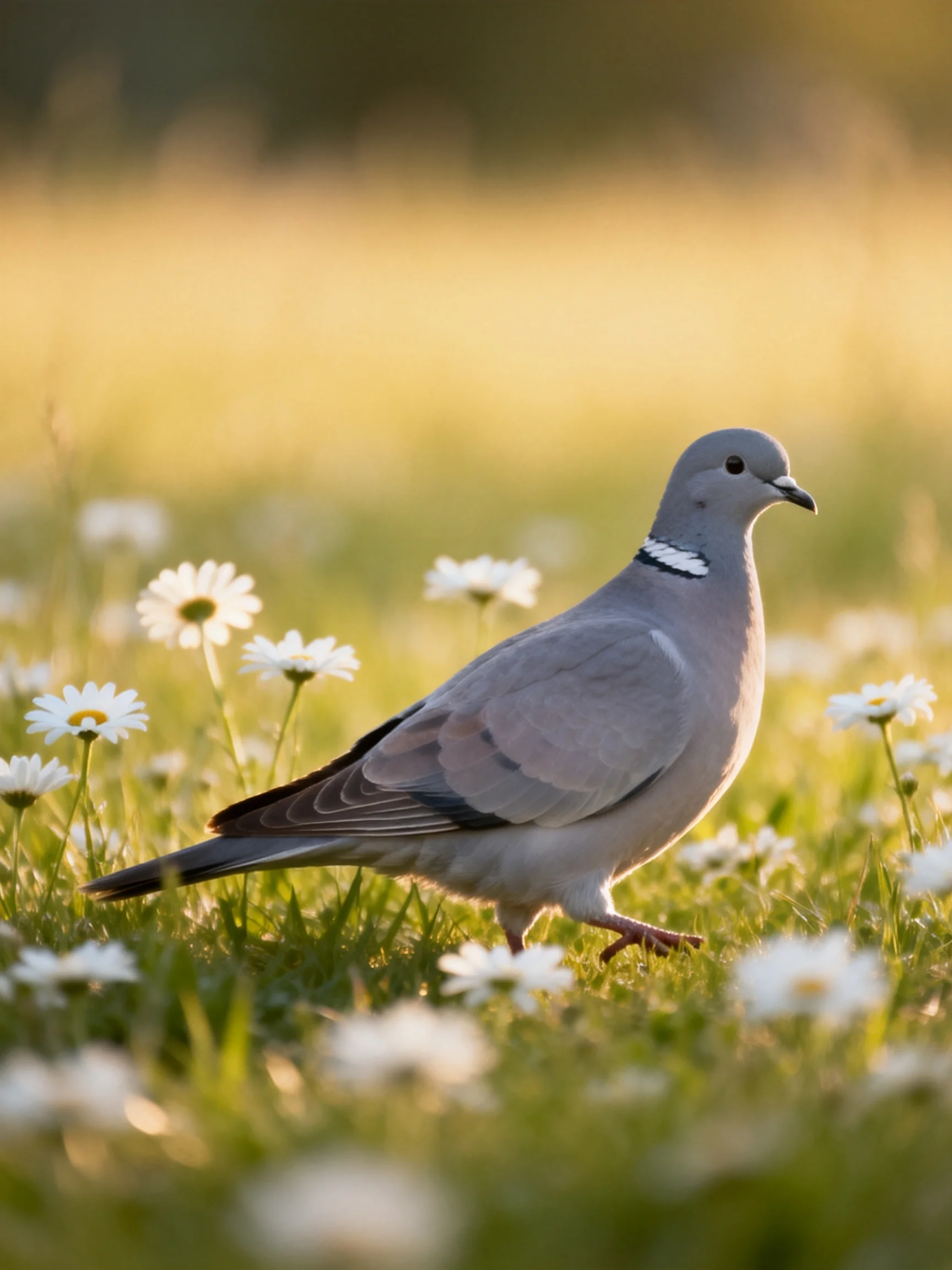 Gray pigeon among white daisies in a sunlit meadow