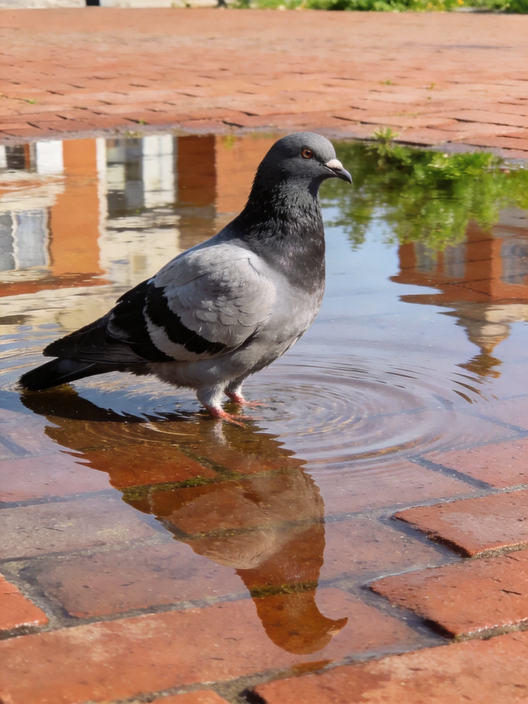 Gray pigeon bathing in a reflective brick-paved puddle
