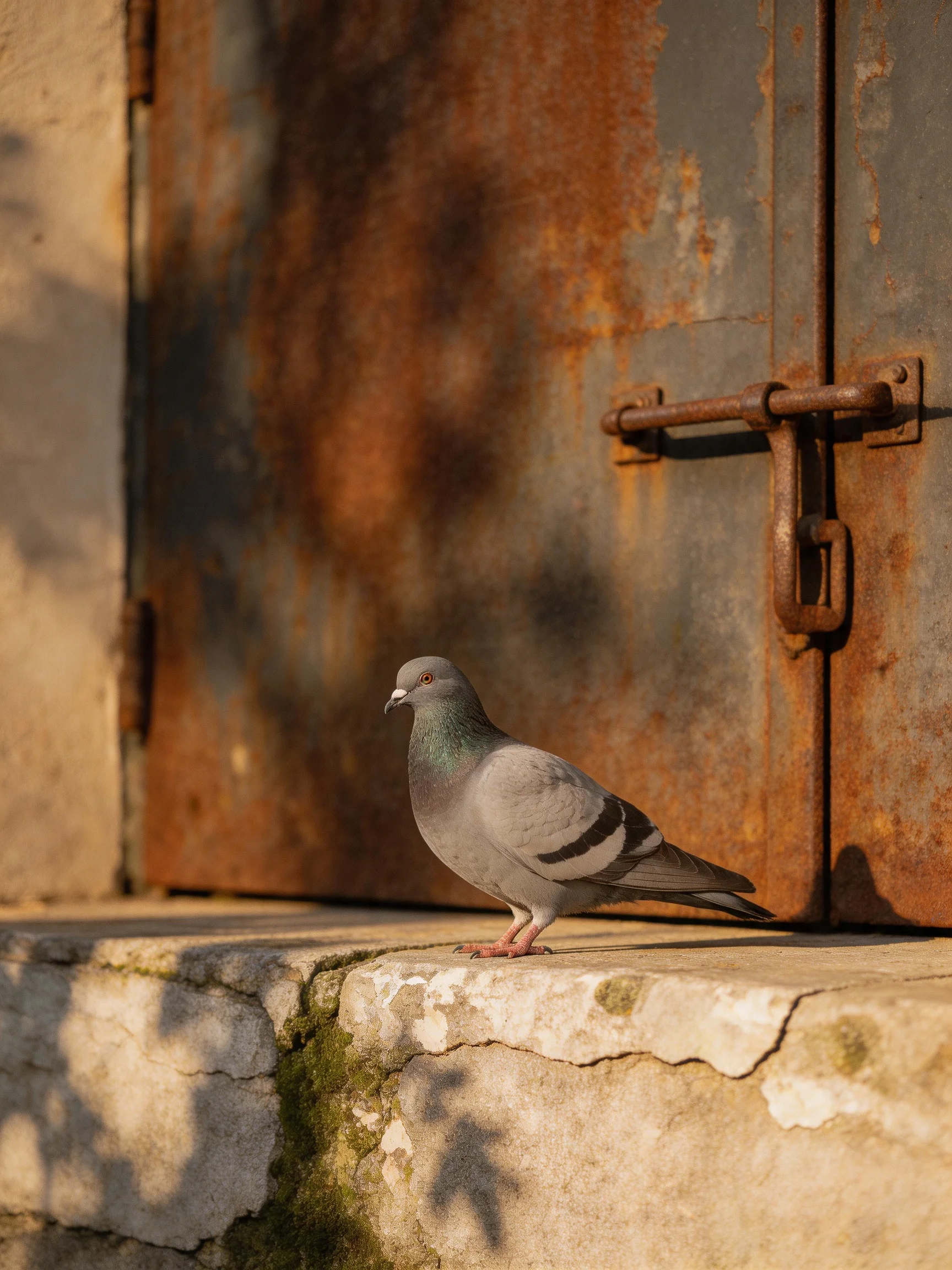 Gray pigeon by a heavily rusted metal door with a worn latch