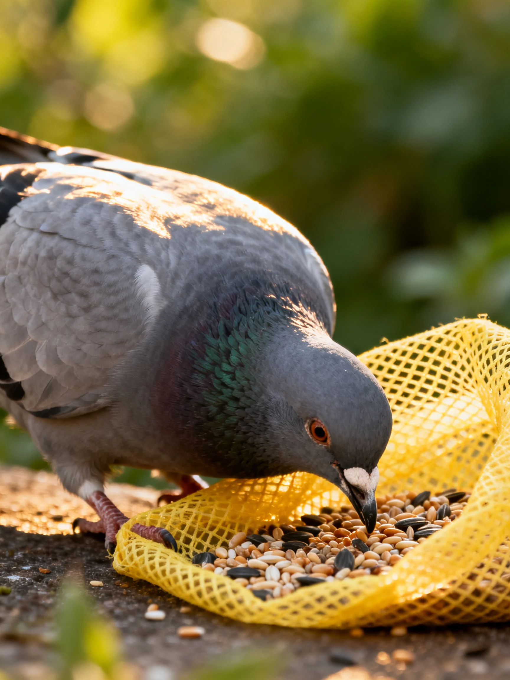 Gray pigeon feeding from a bright yellow mesh seed bag