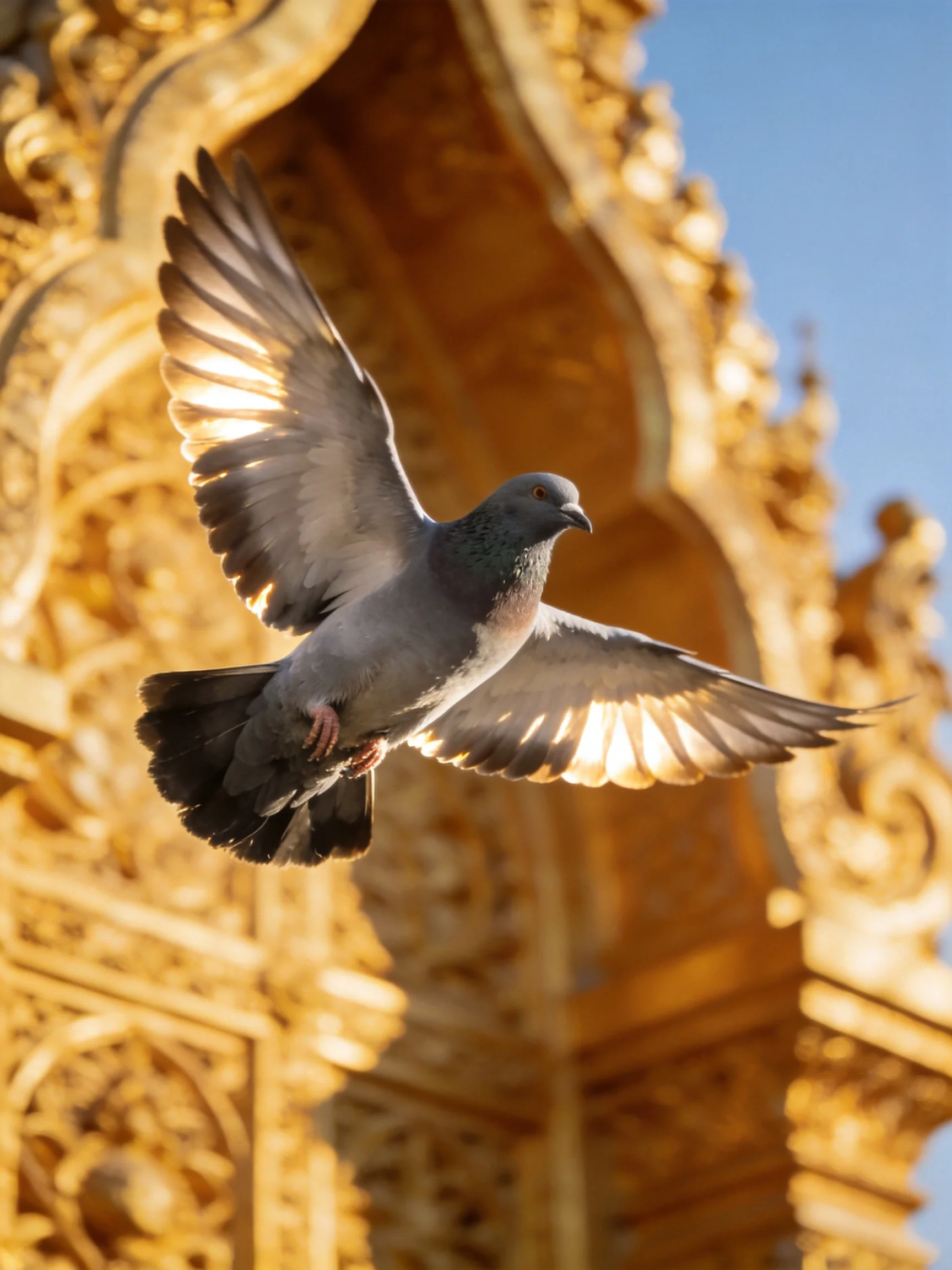 Gray pigeon flies near ornate golden architectural structure