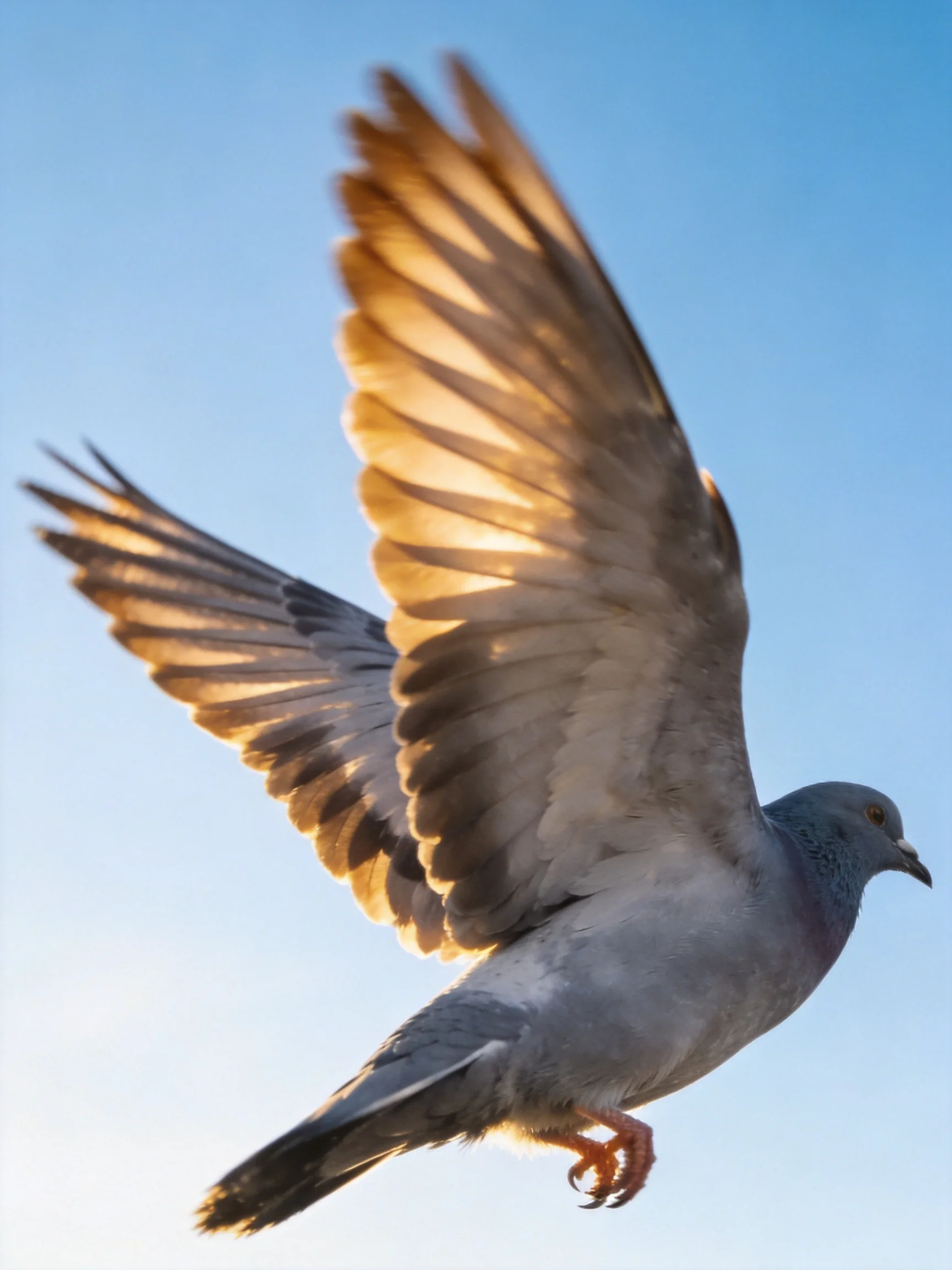 Gray pigeon flies with outstretched wings in bright blue sky