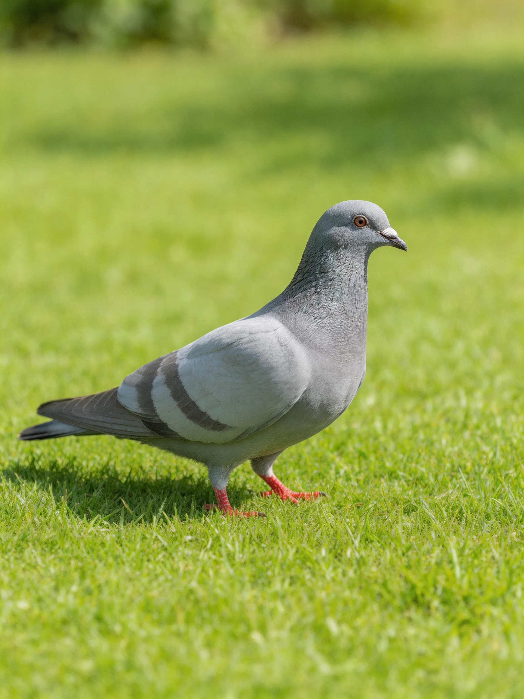 Gray pigeon on lush green grass in sunny setting