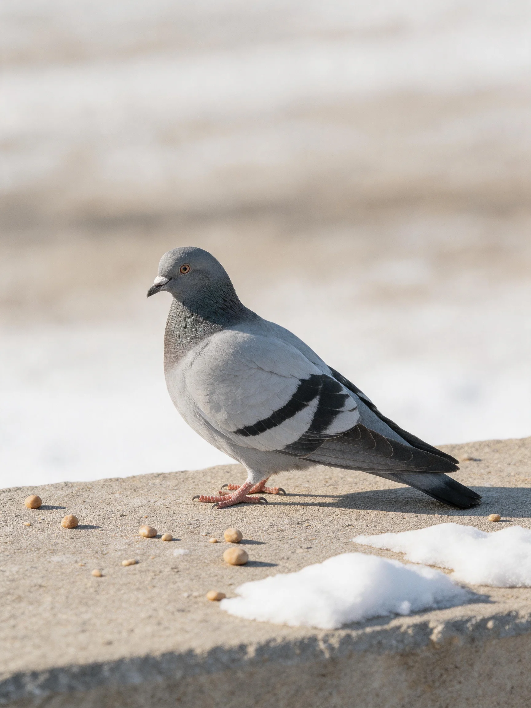 Gray pigeon on snowy concrete ledge with scattered seeds