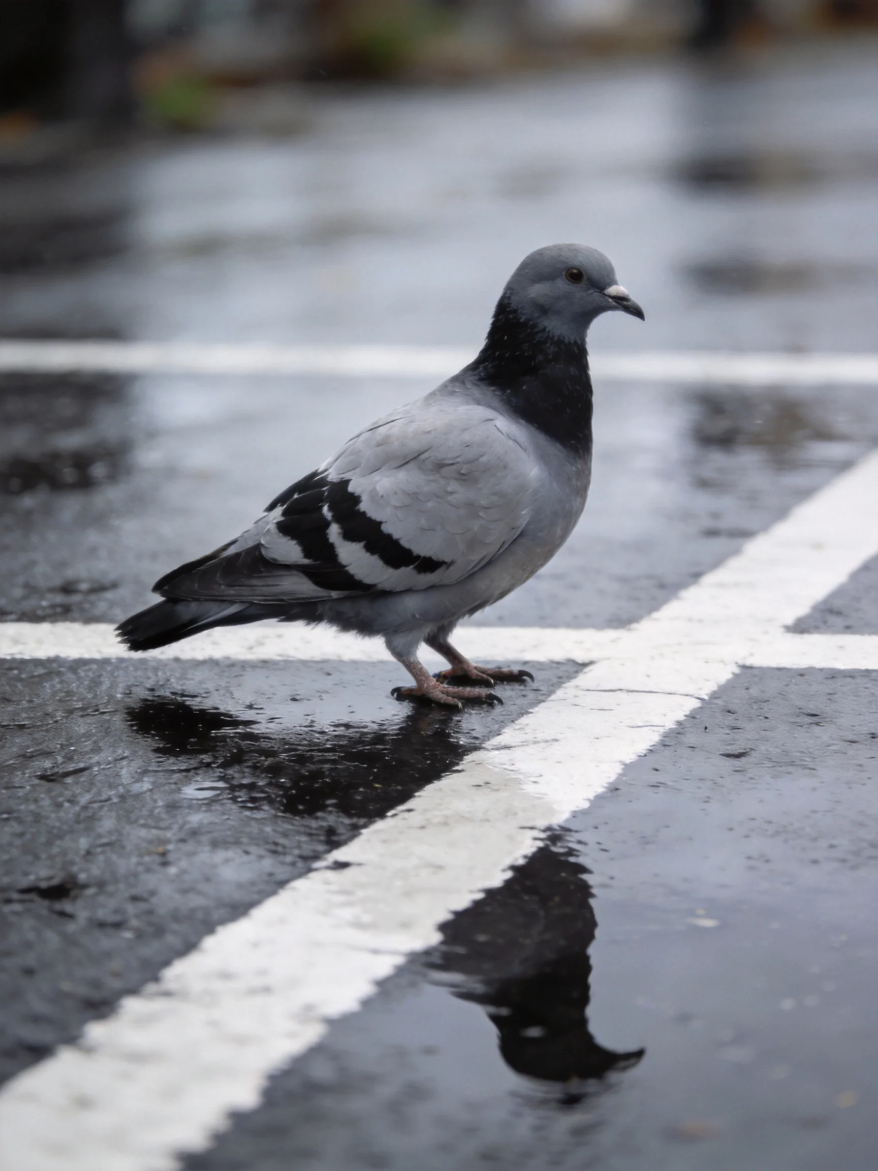 Gray pigeon on wet pavement with white markings