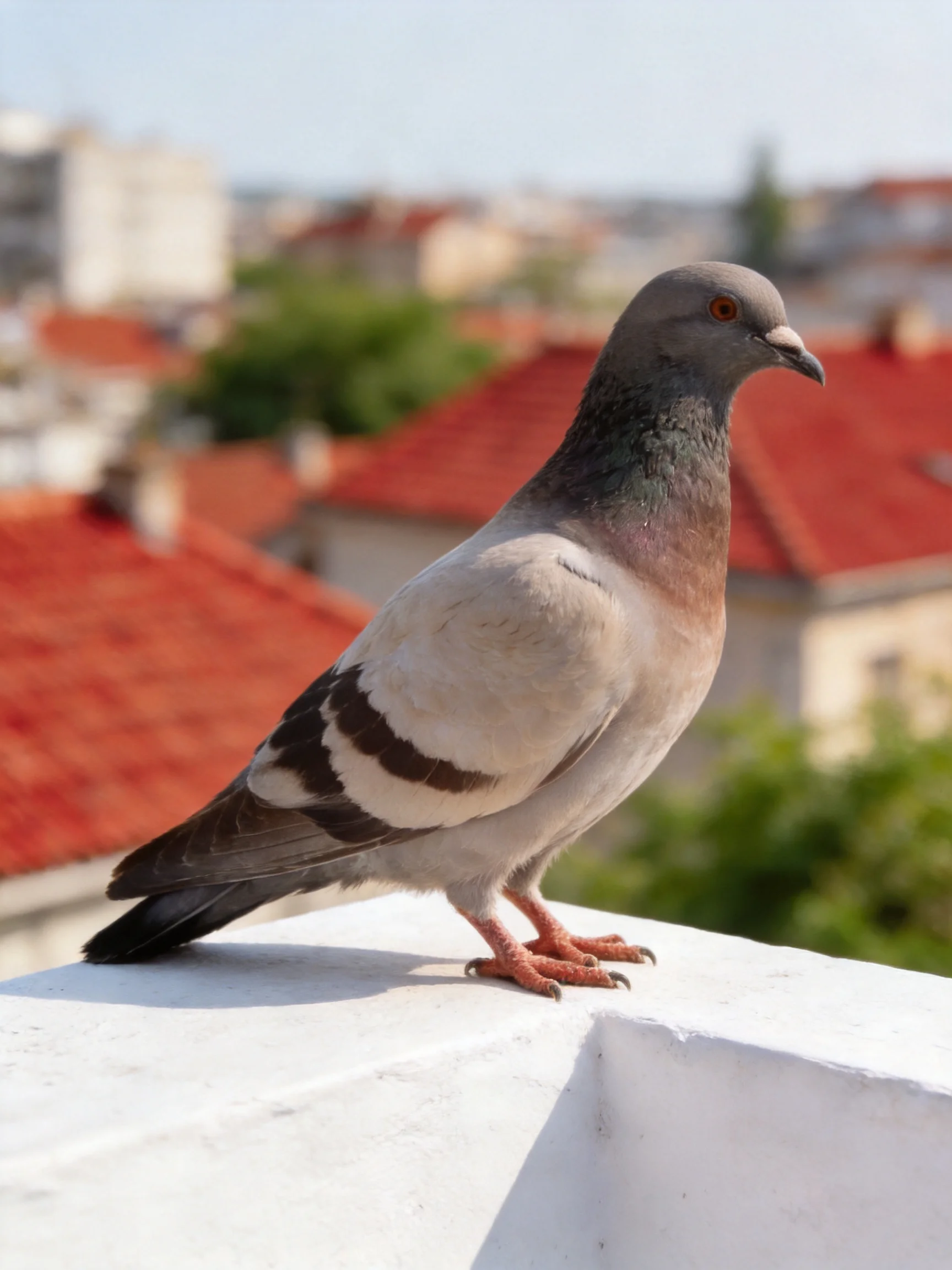 Gray pigeon on white ledge with red rooftops