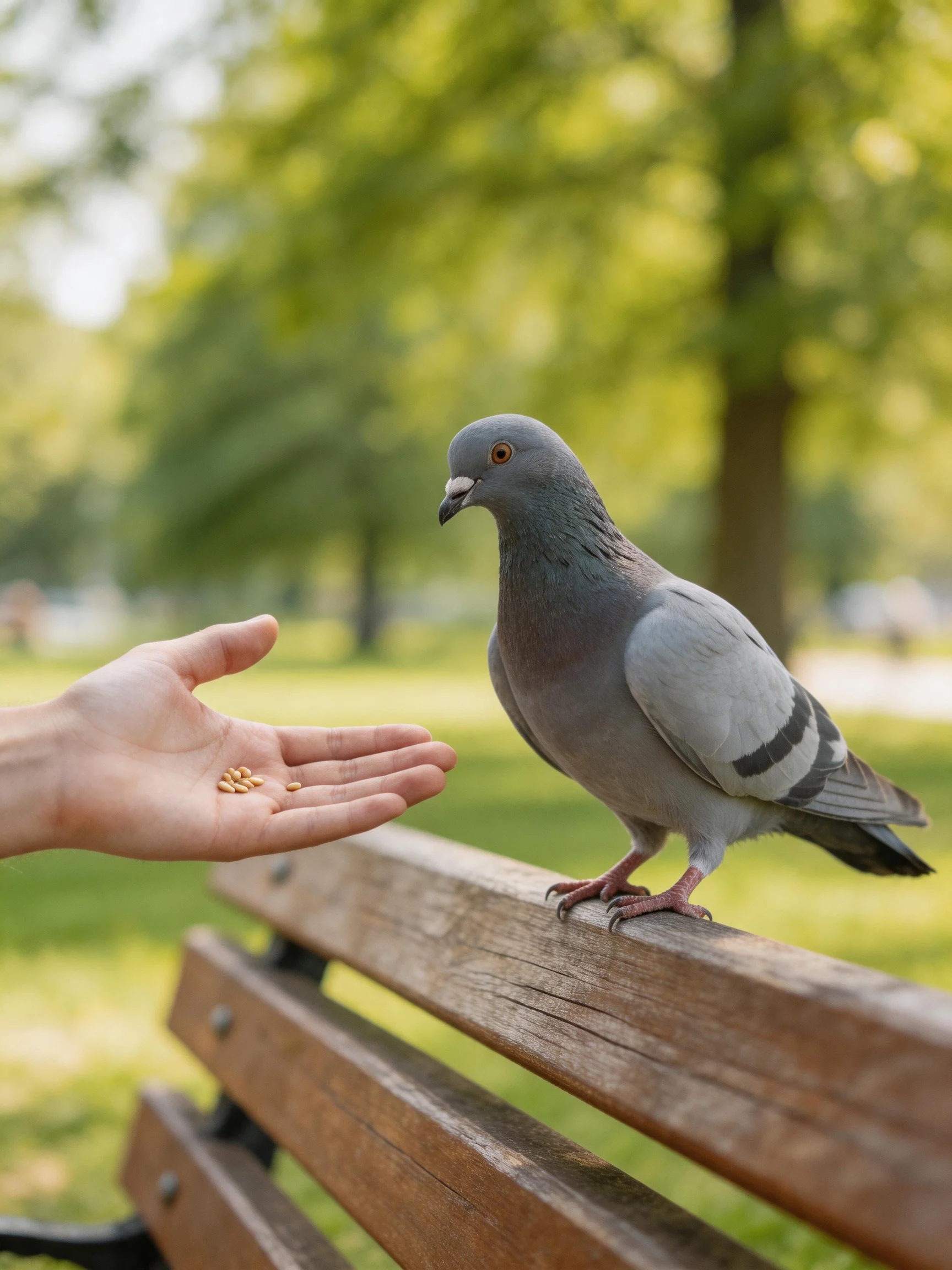 Gray pigeon on wooden bench near hand with seeds