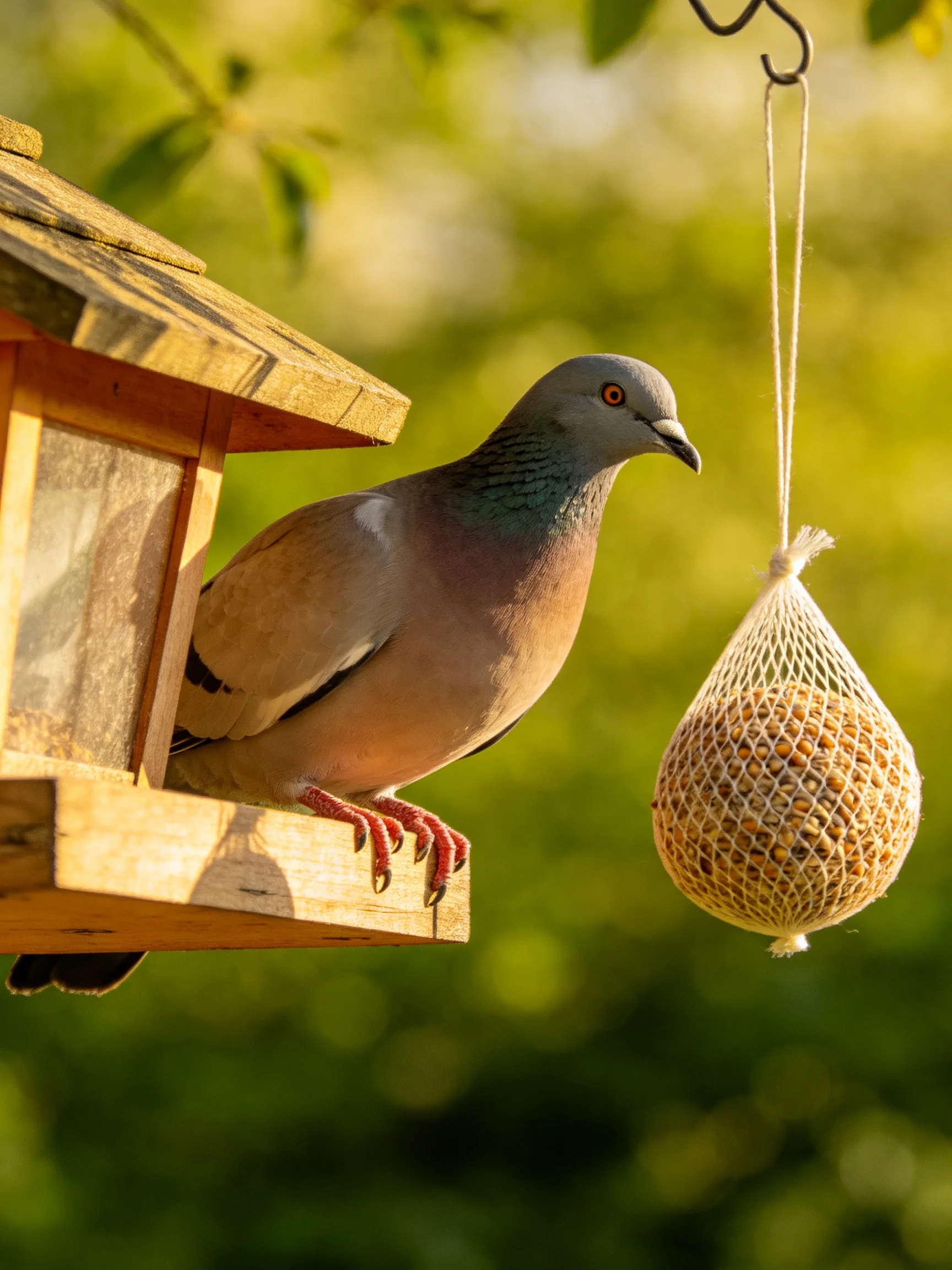 Gray pigeon perched beside wooden birdhouse with netted seed bag