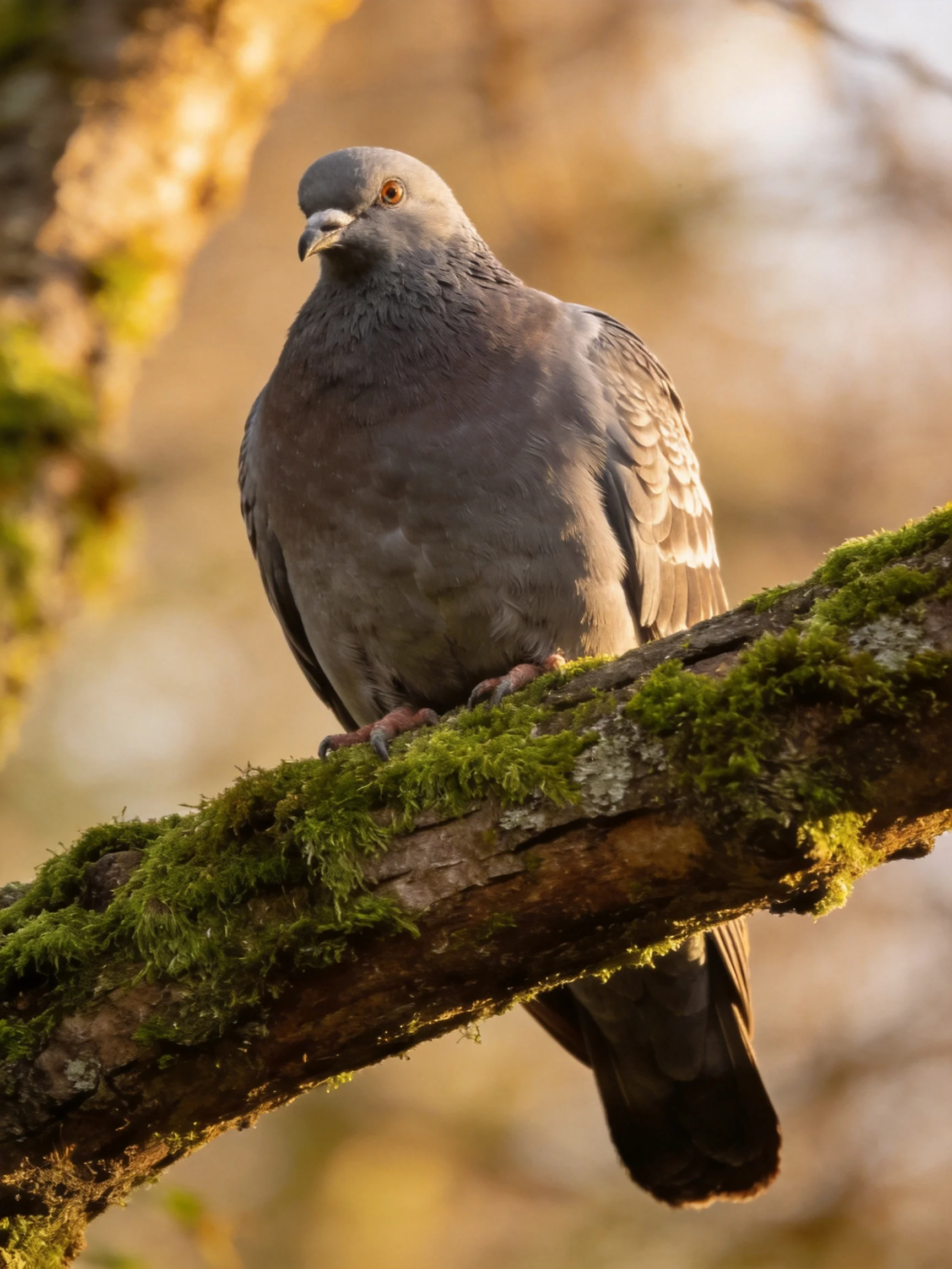 Gray pigeon perched on a moss-covered tree branch