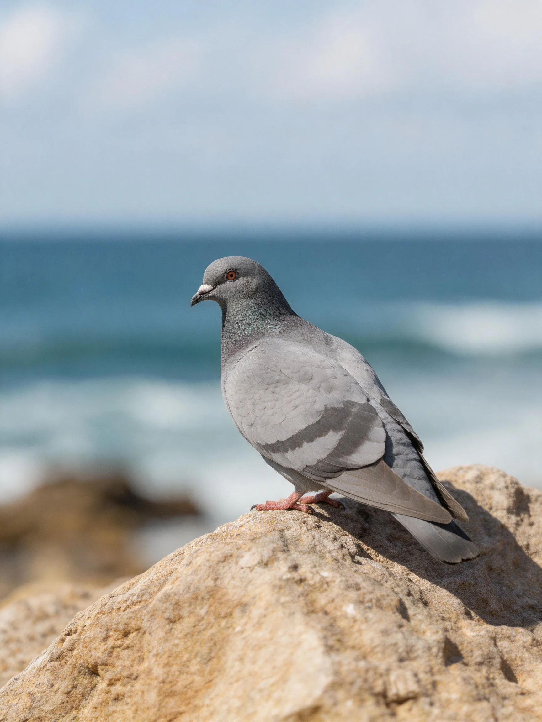 Gray pigeon perched on a rocky shore by the blue ocean