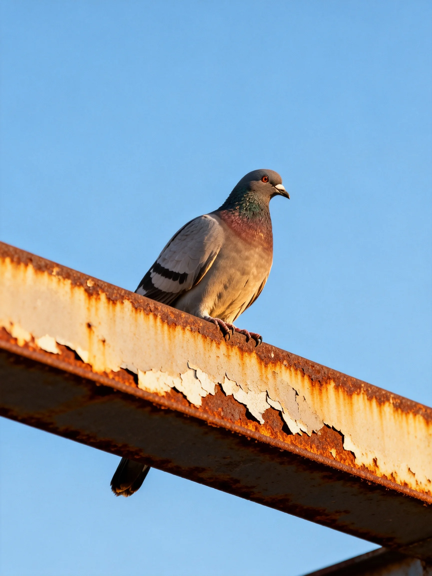 Gray pigeon perched on a rusted metal beam with peeling paint