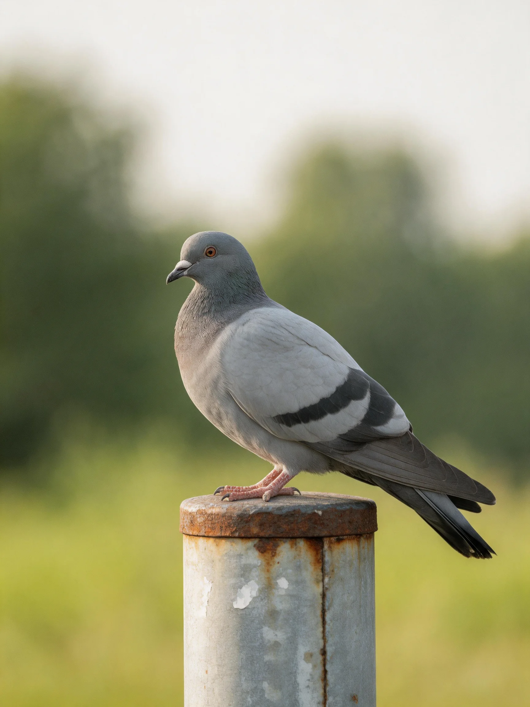 Gray pigeon perched on a rusted metal post in green surroundings