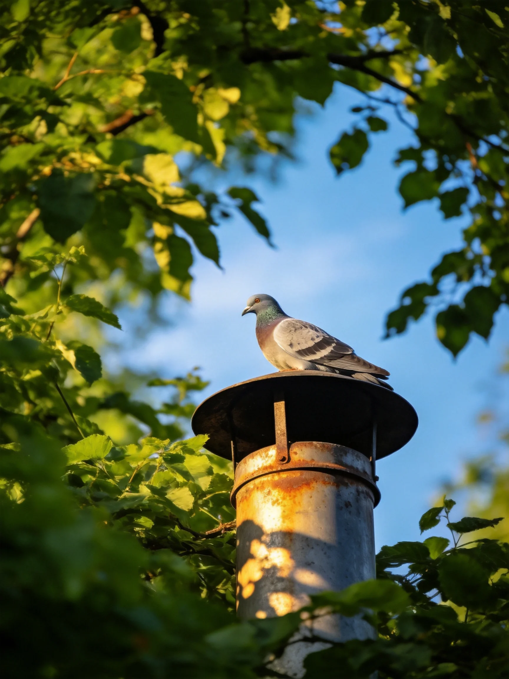 Gray pigeon perched on a rusty metal chimney with green foliage around