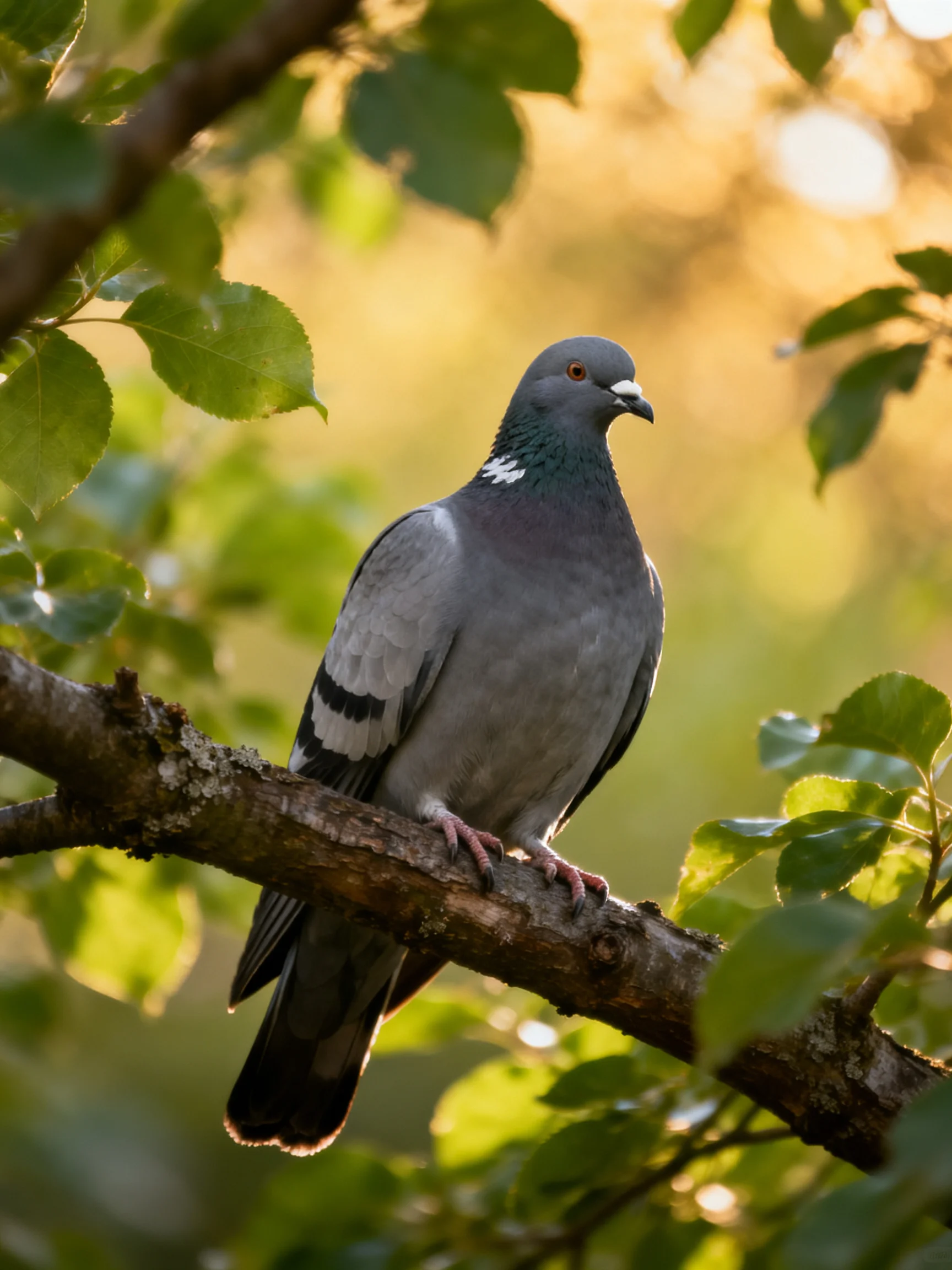 Gray pigeon perched on a tree branch amid green foliage