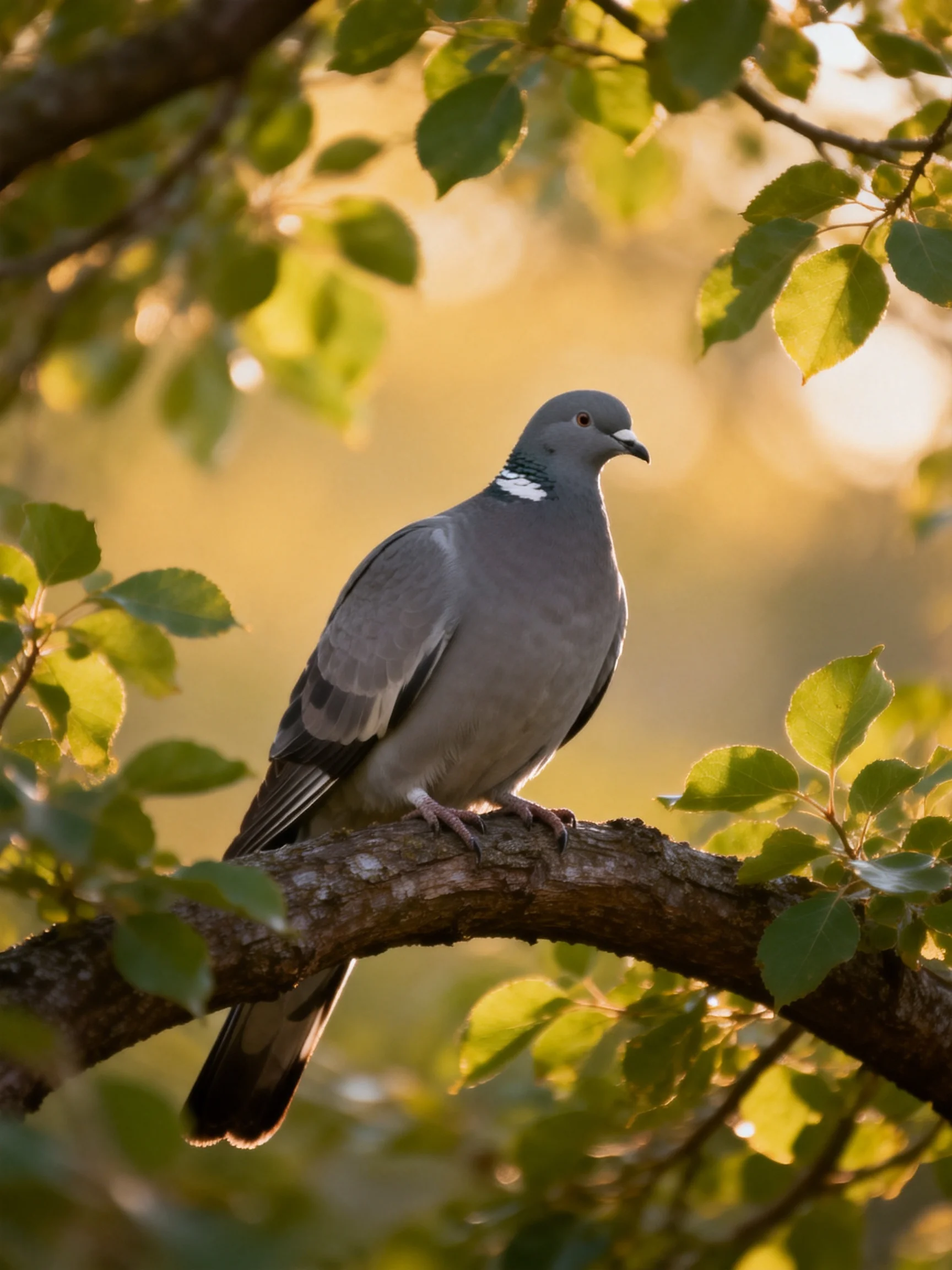 Gray pigeon perched on a tree branch amid green leaves