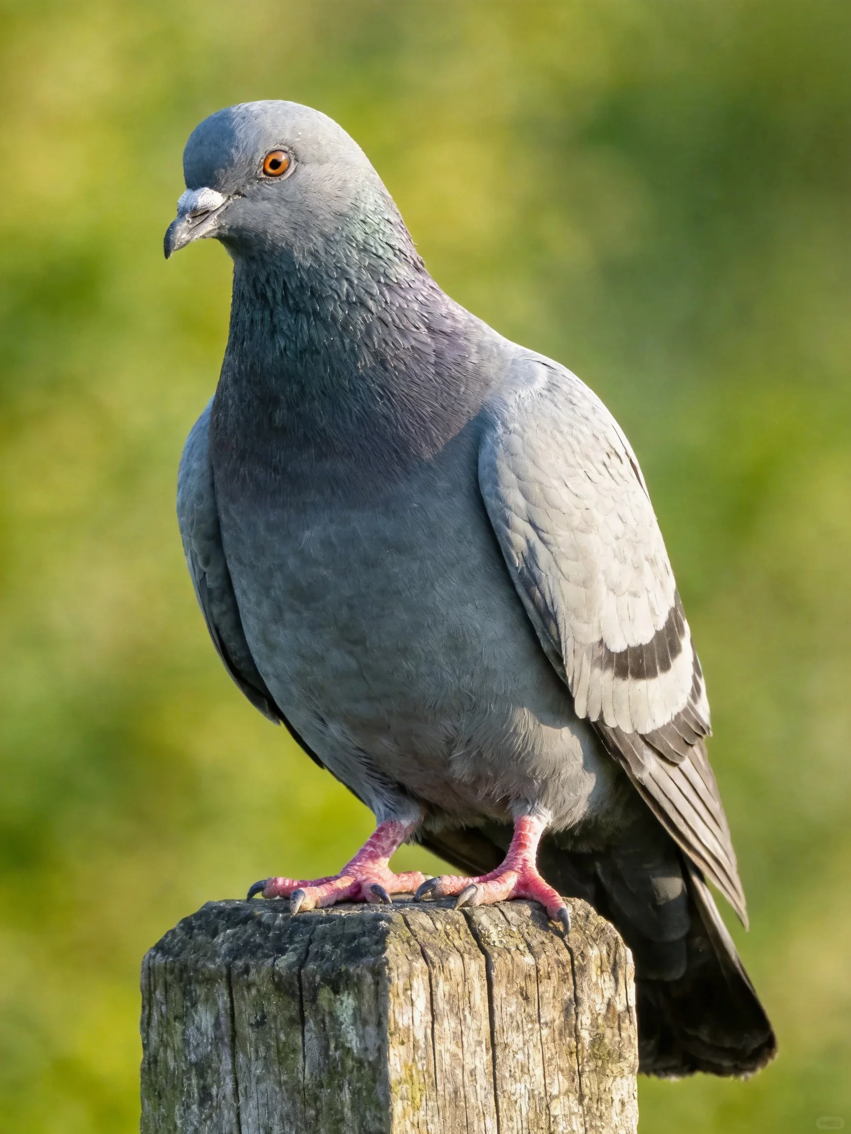 Gray pigeon perched on a weathered wooden post
