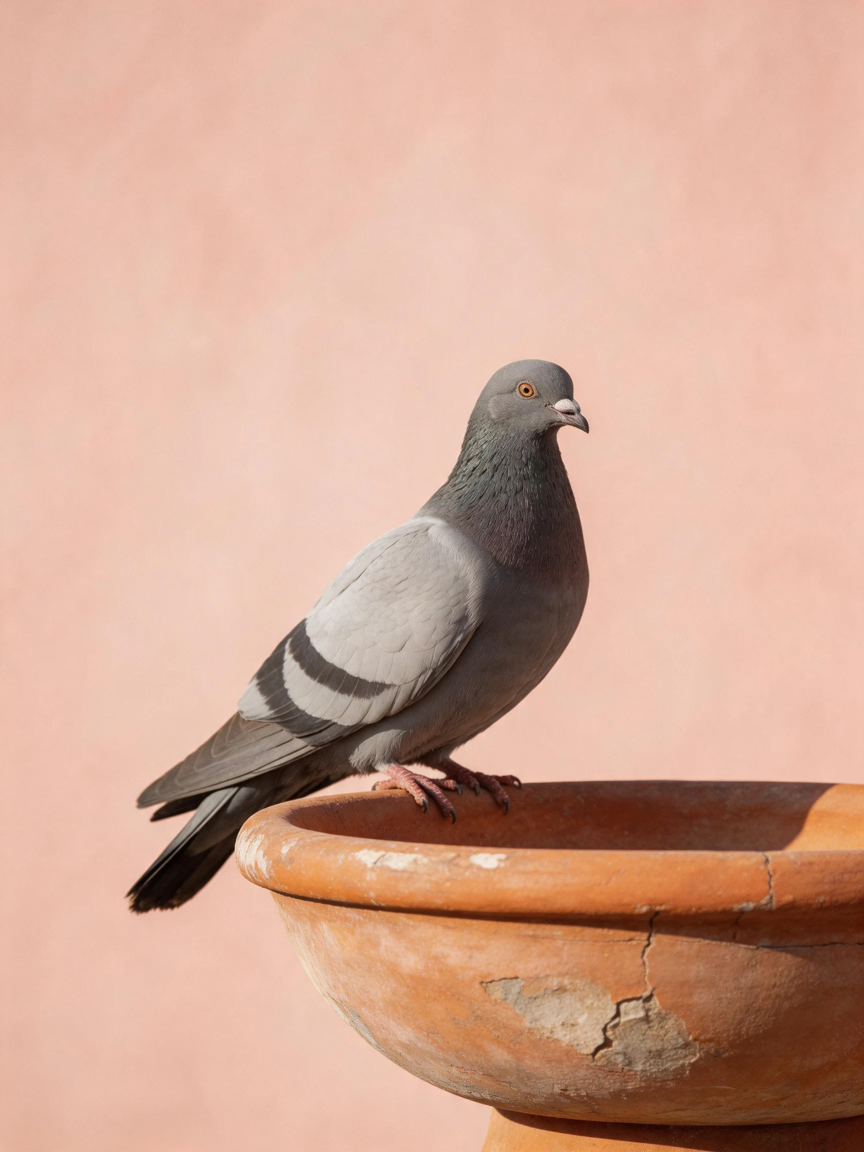 Gray pigeon perched on an aged terracotta bowl by a pink wall