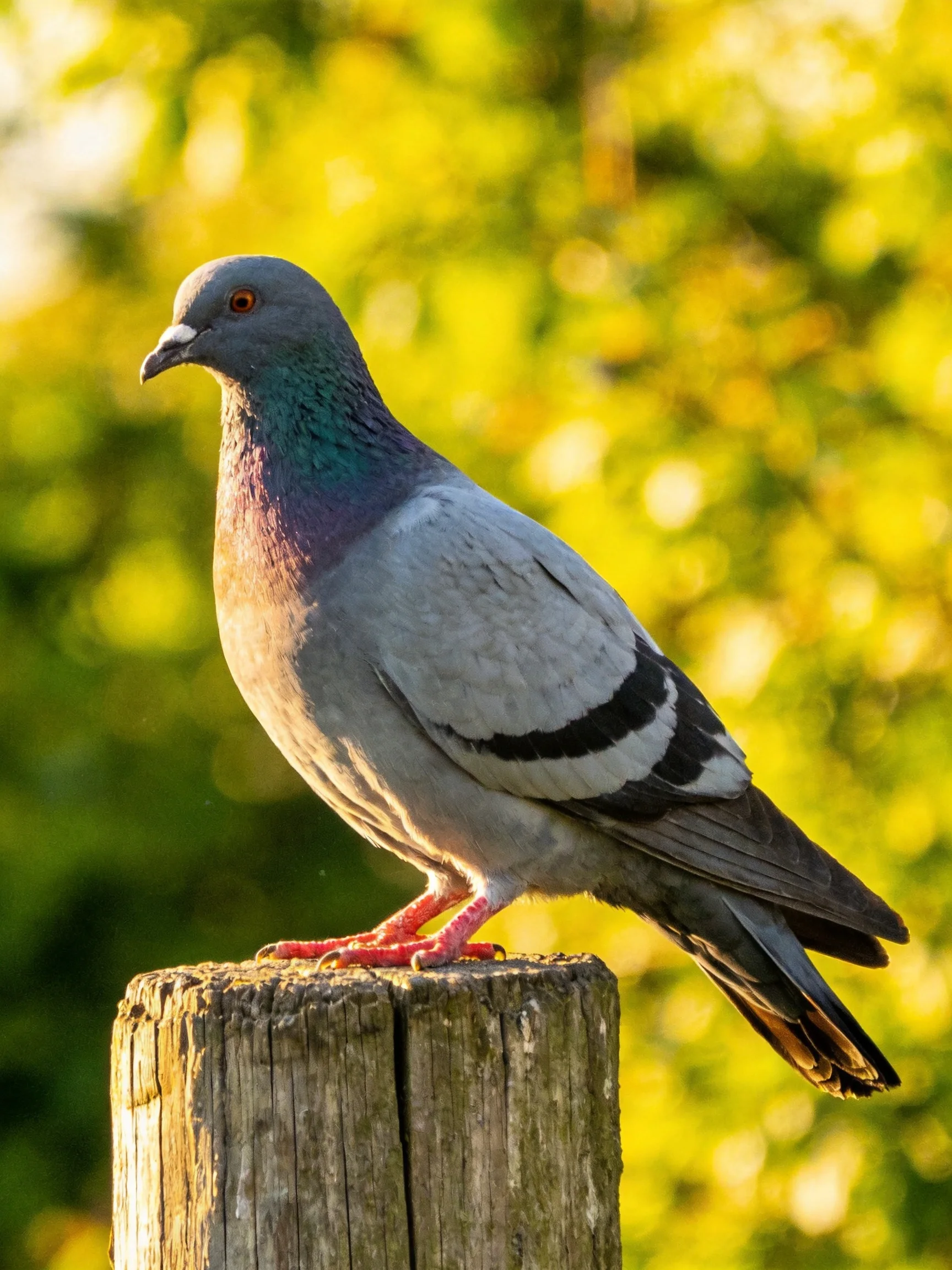 Gray pigeon perched on an aged wooden post with golden-green surroundings