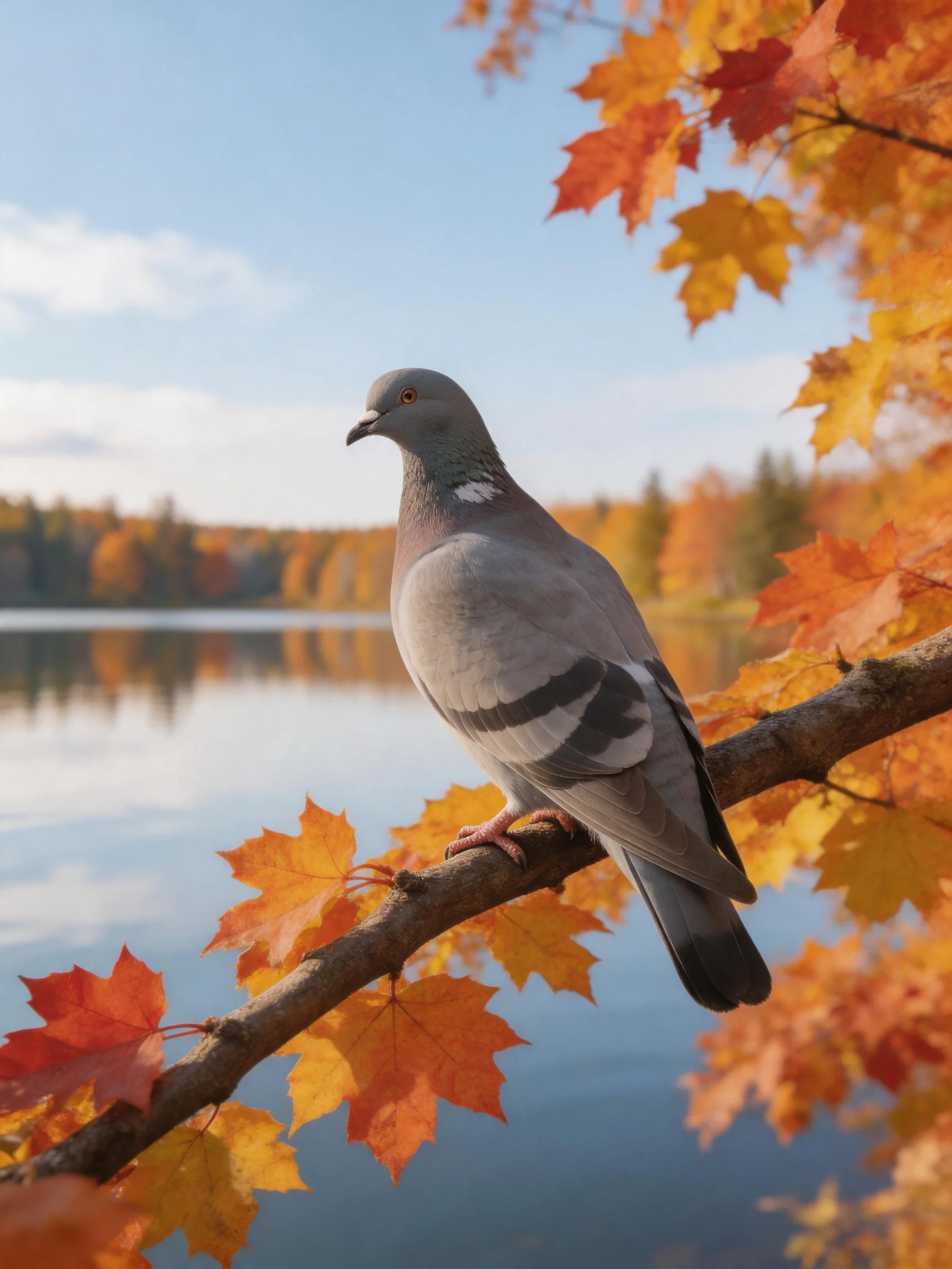 Gray pigeon perched on autumn maple branch near calm lake