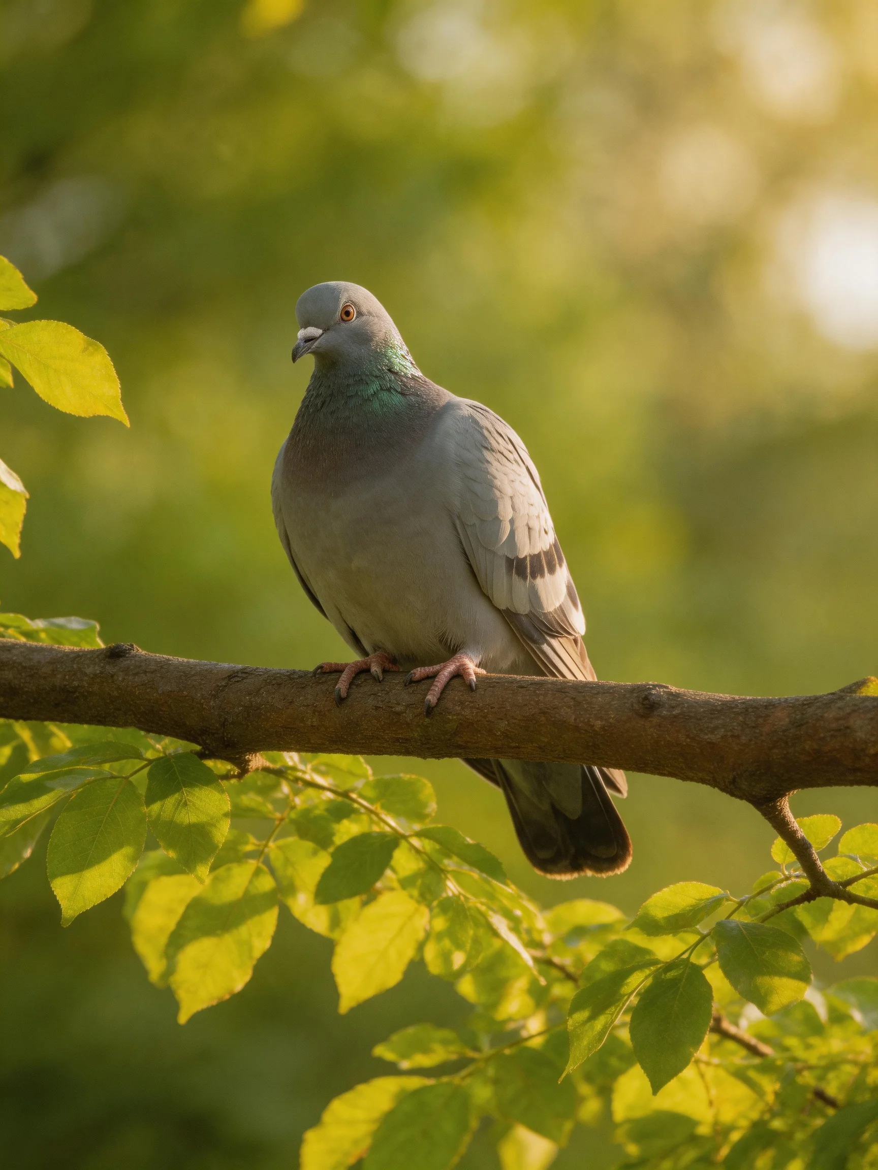 A gray pigeon sits on a tree branch surrounded by green leaves.
