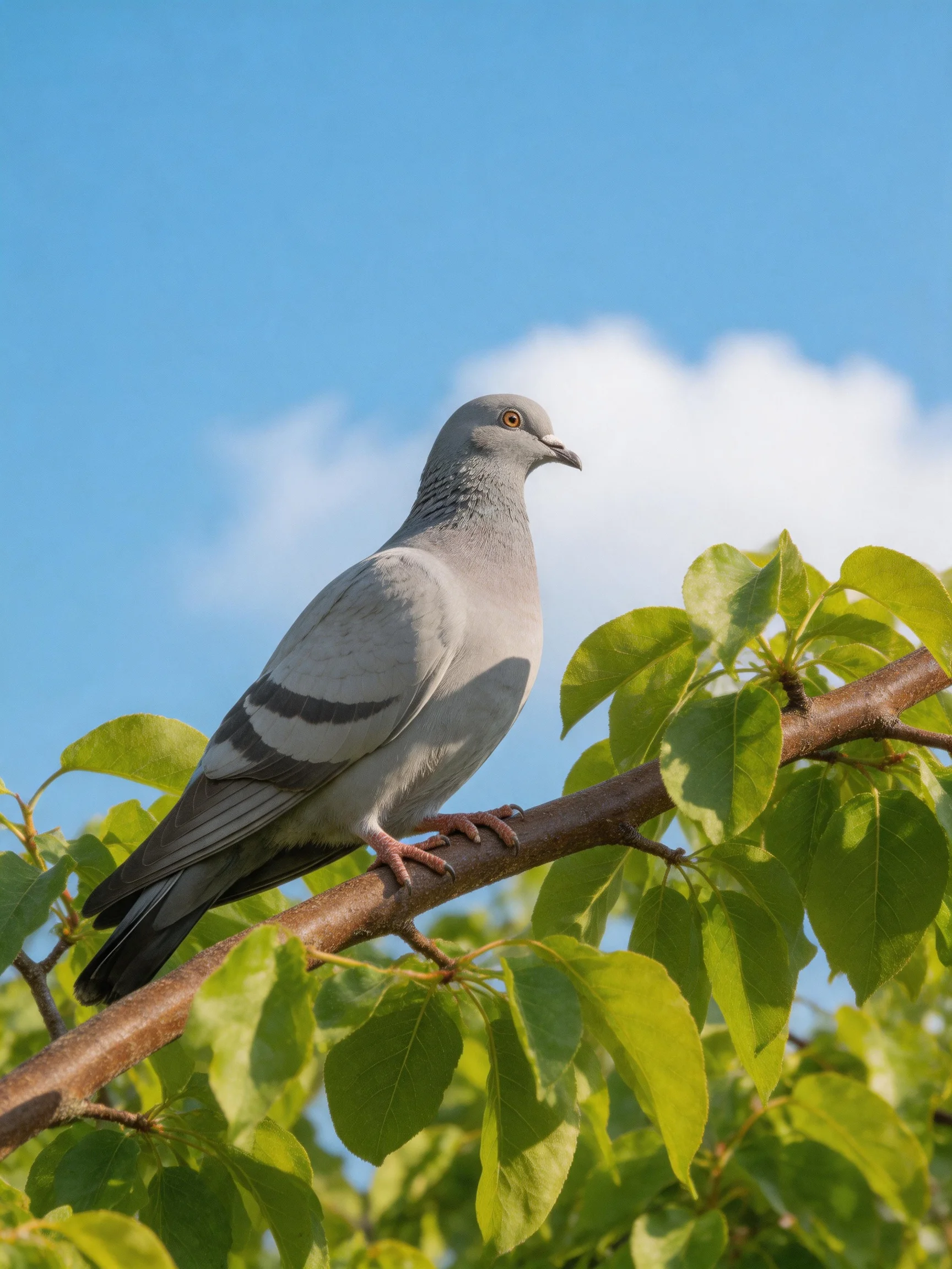 A gray pigeon rests on a tree branch among green leaves under a clear blue sky.