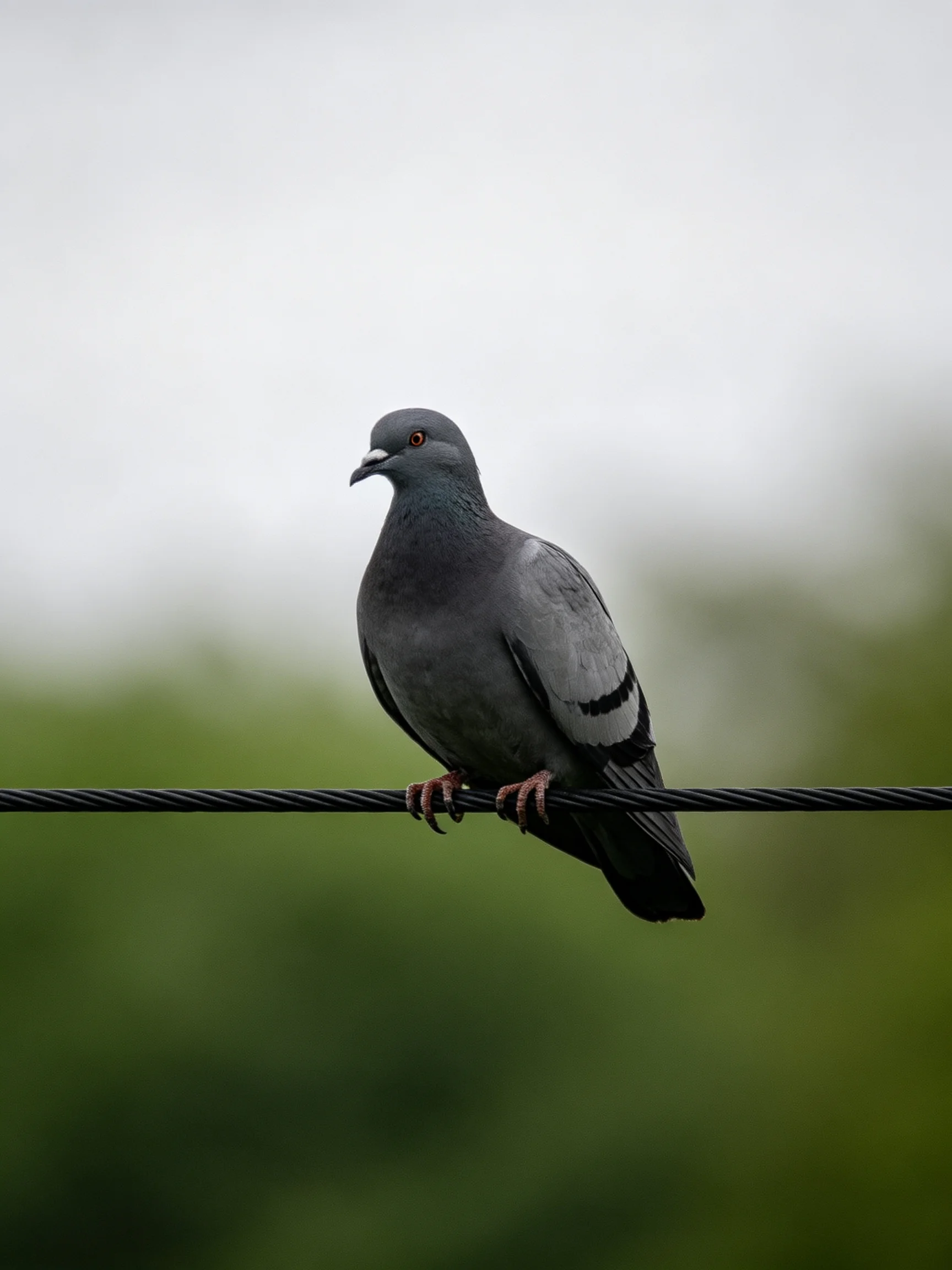 Gray pigeon perched on dark wire with blurred green backdrop