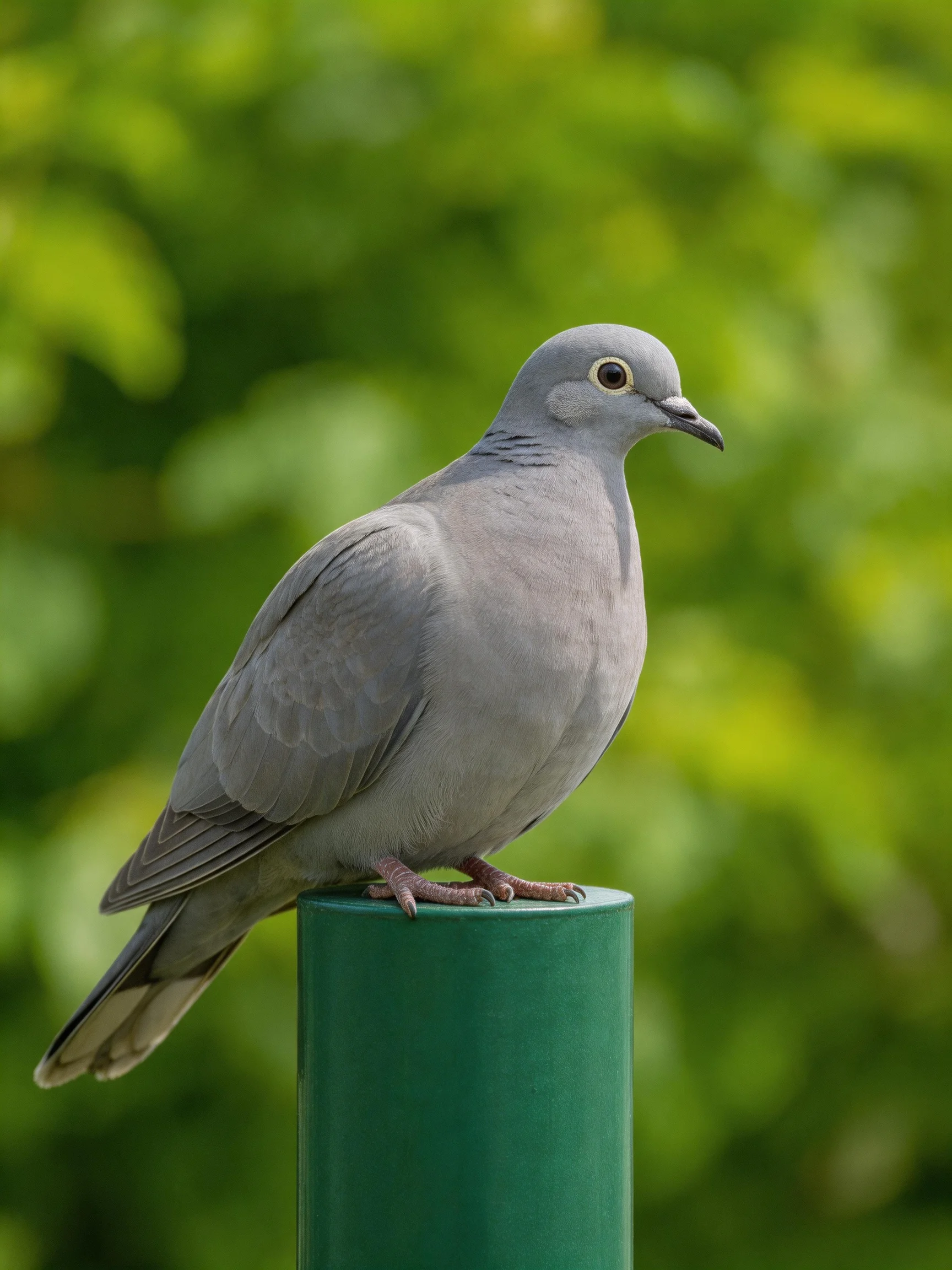 Gray pigeon perched on green post amidst lush green foliage