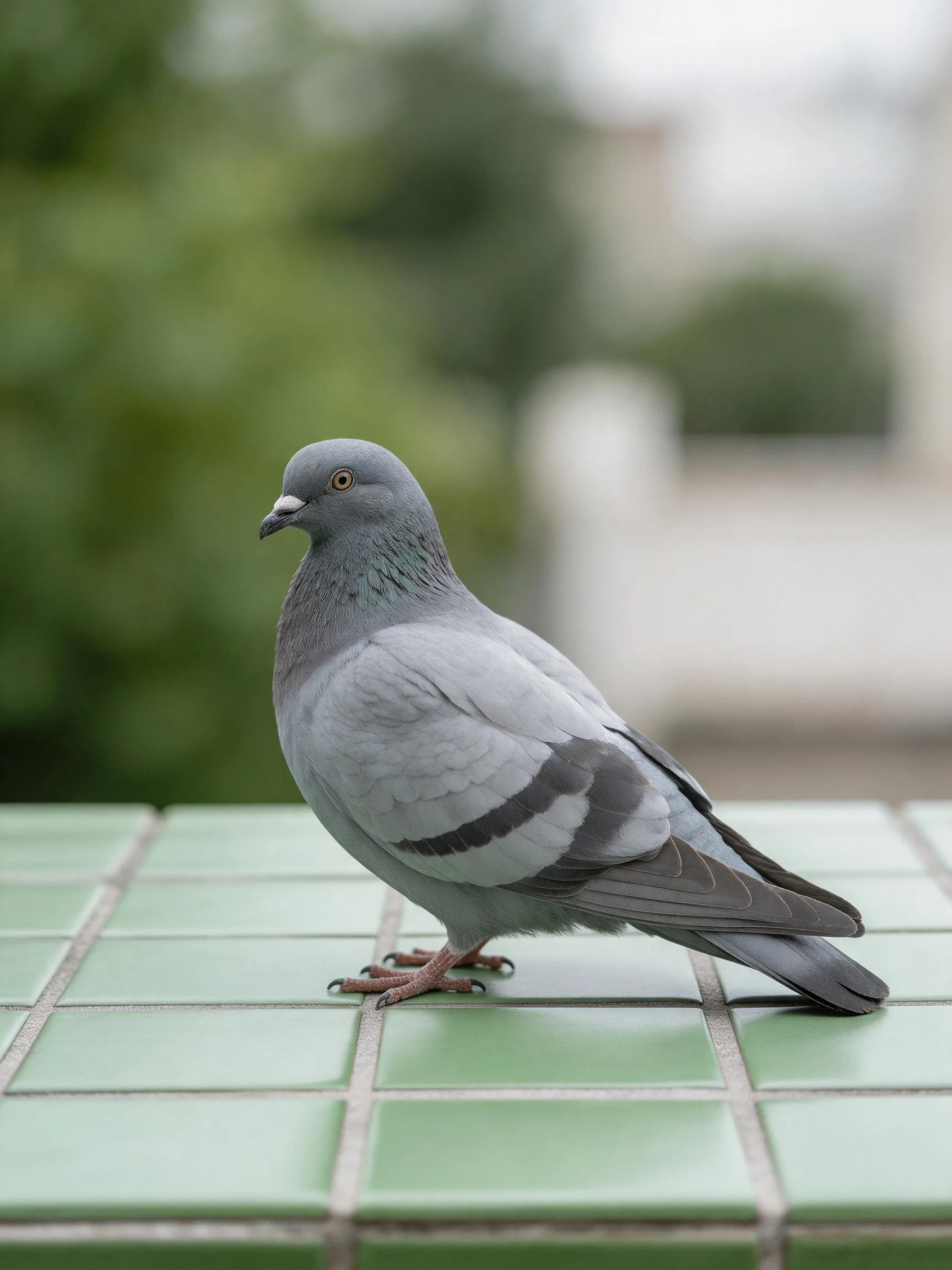 Gray pigeon perched on green square tiles