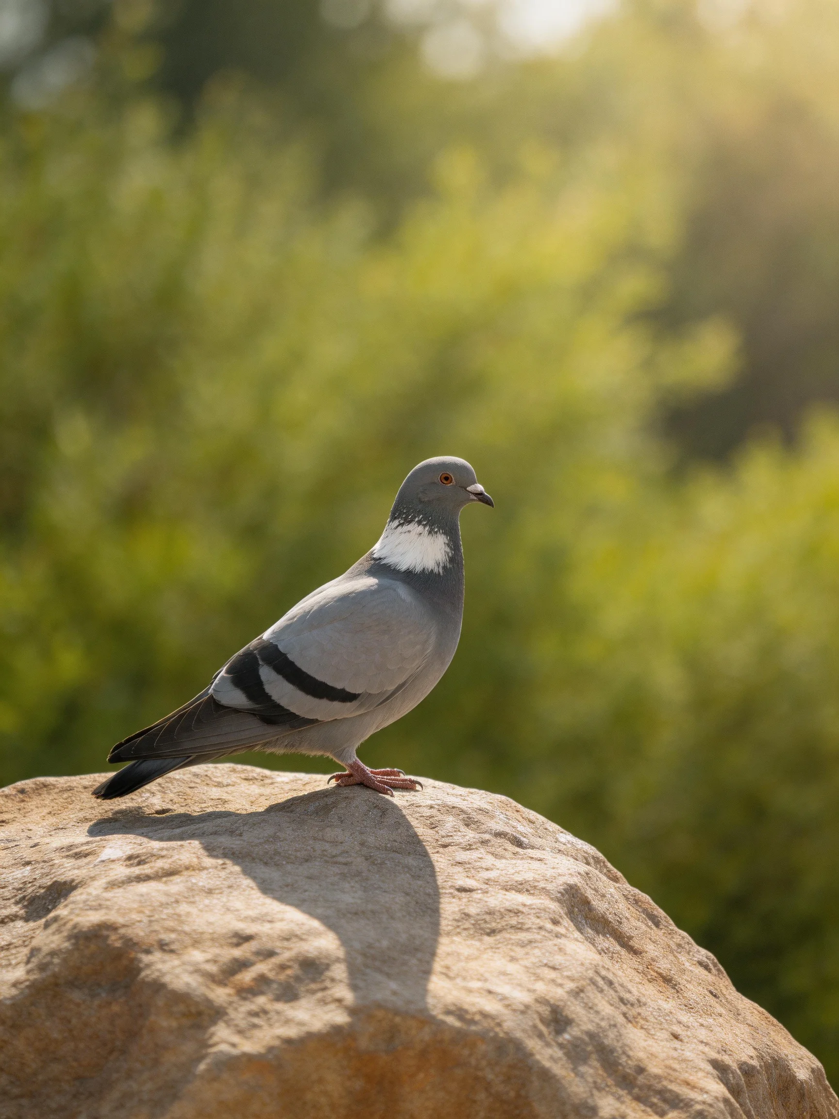 A gray pigeon sits on a large brown rock among greenery.