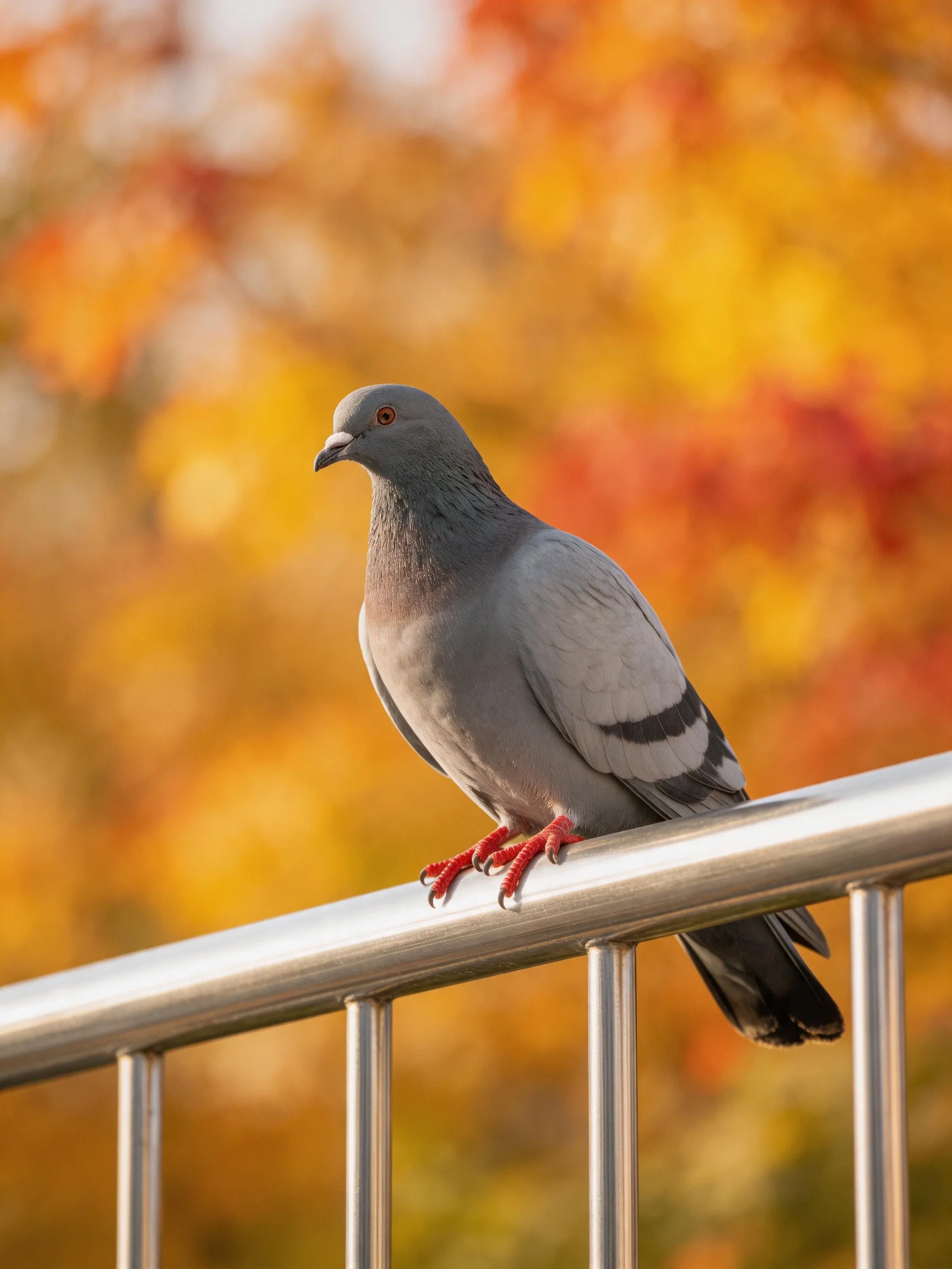 Gray pigeon perched on metallic railing with vibrant fall foliage