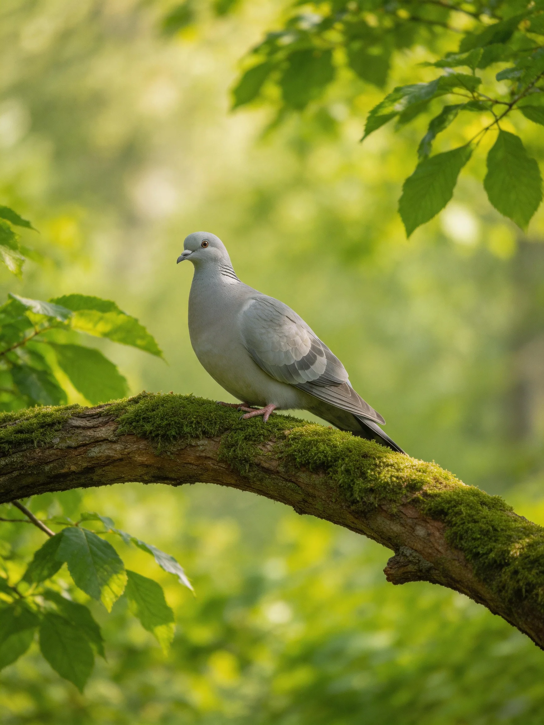Gray pigeon perched on mossy branch in lush green forest