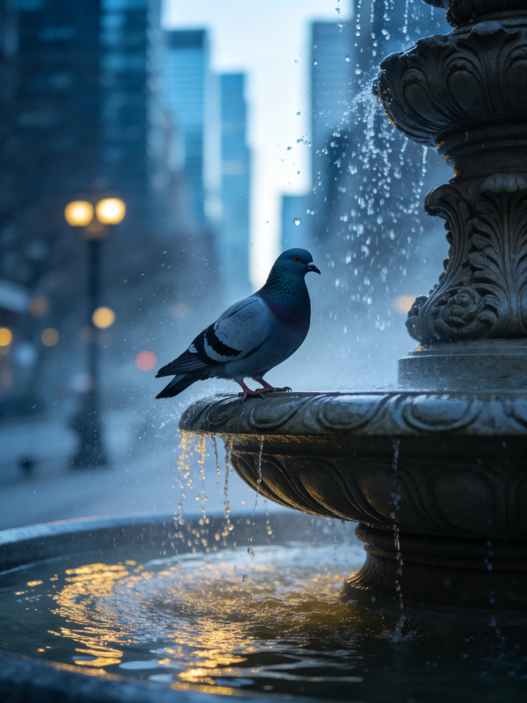 Gray pigeon perched on ornate city fountain with cascading water