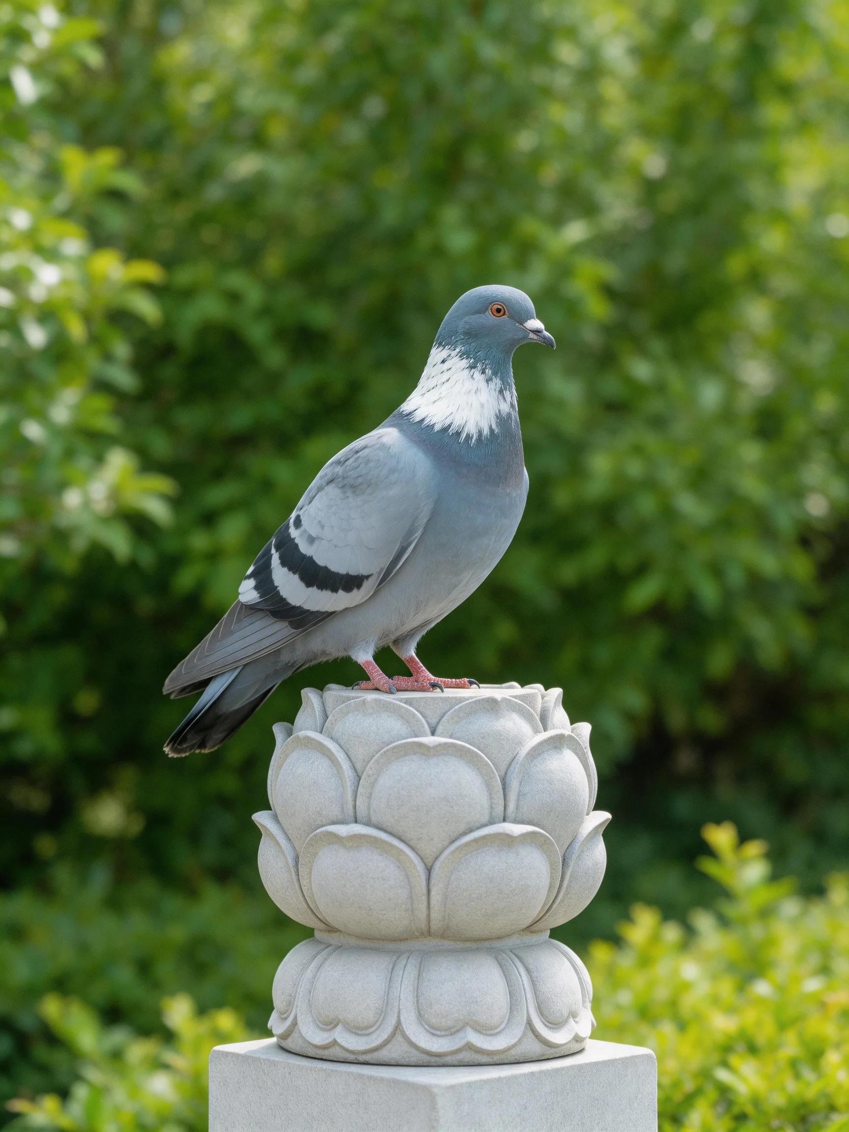 Gray pigeon perched on ornate stone lotus sculpture