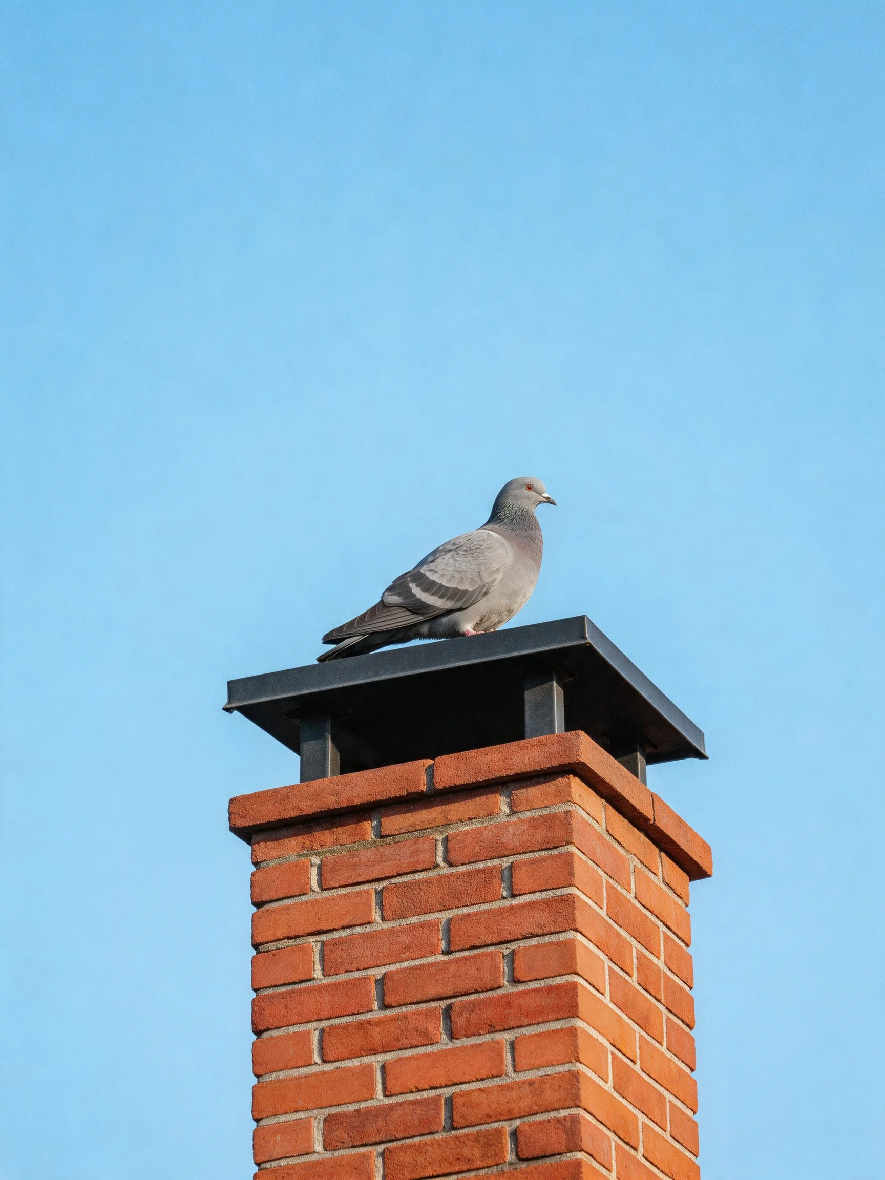 Gray pigeon perched on red-brick chimneys black top under clear blue sky