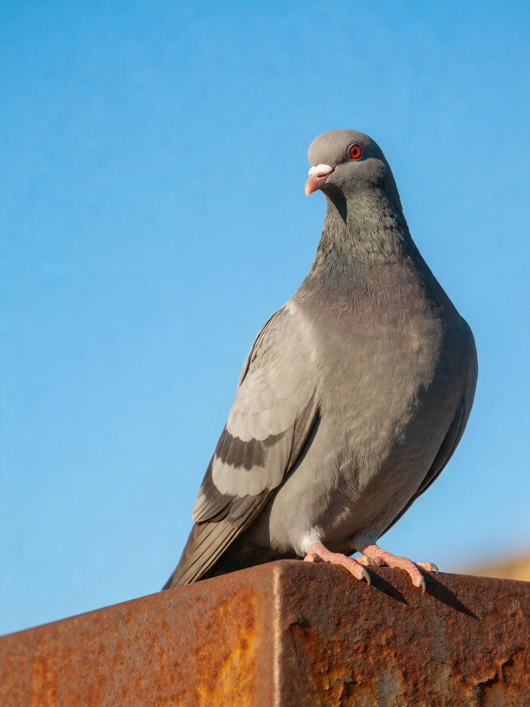 Gray pigeon perched on rusted metal structure under clear blue sky