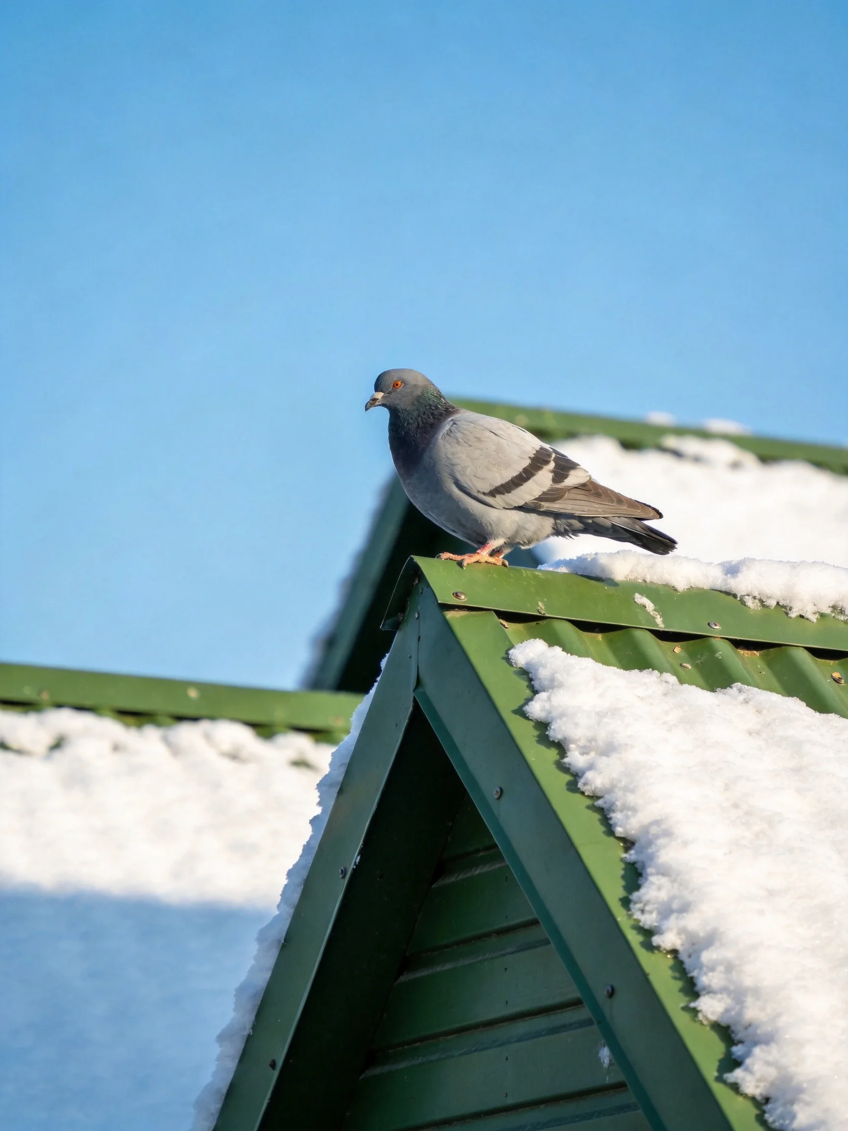 Gray pigeon perched on snow-covered green metal roof under clear blue sky