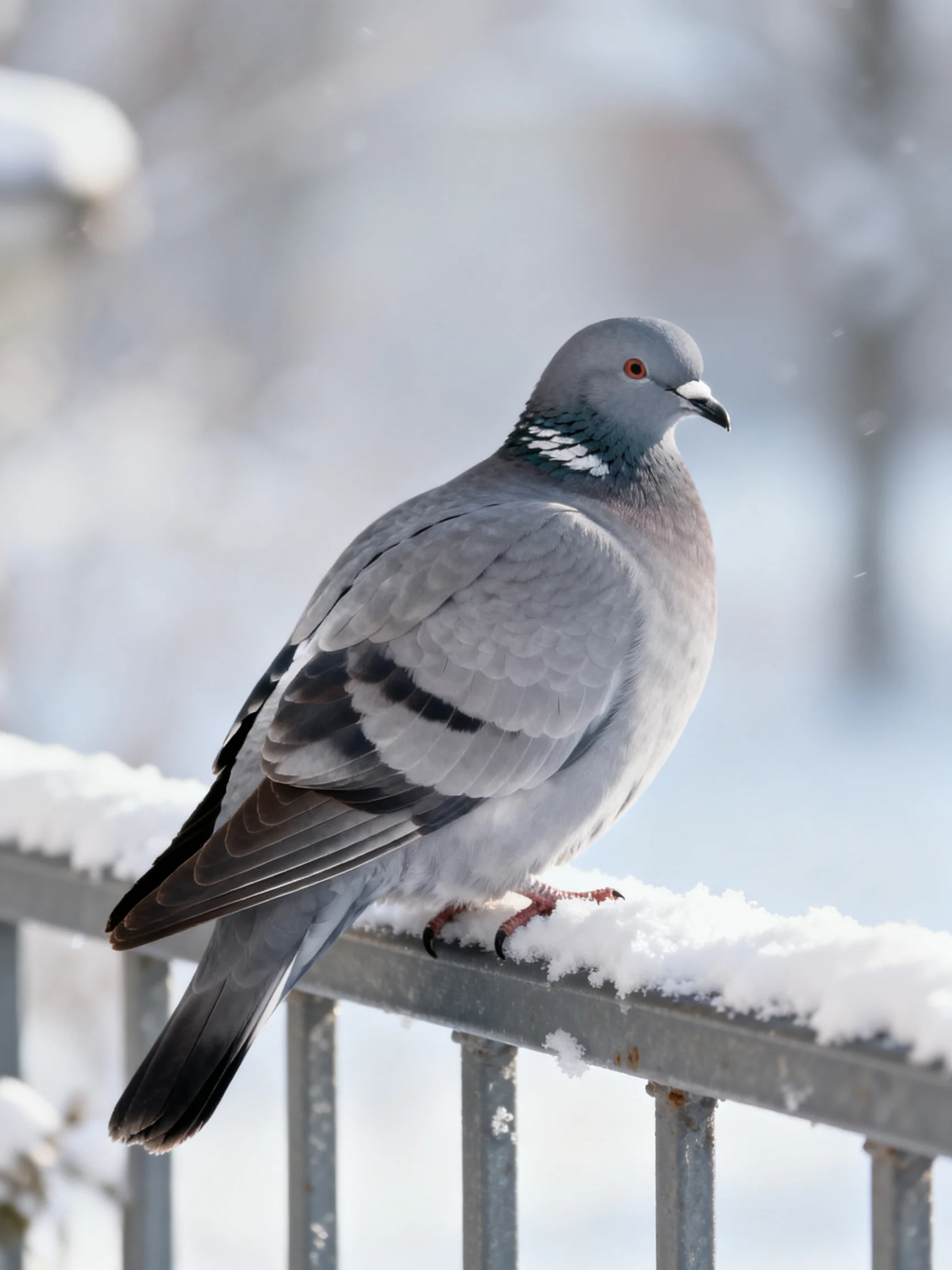 Gray pigeon perched on snow-covered metal railing in winter
