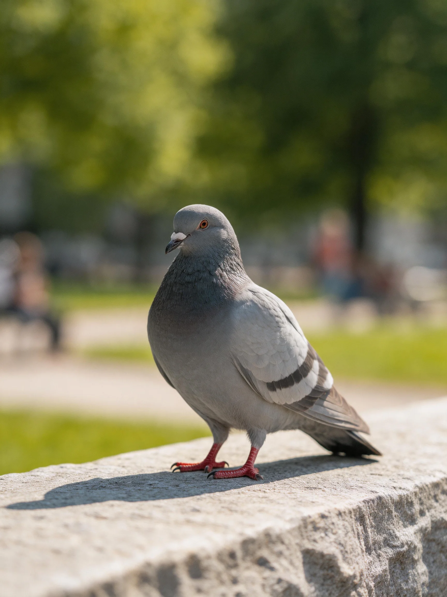 Gray pigeon perched on stone ledge in sunlit park