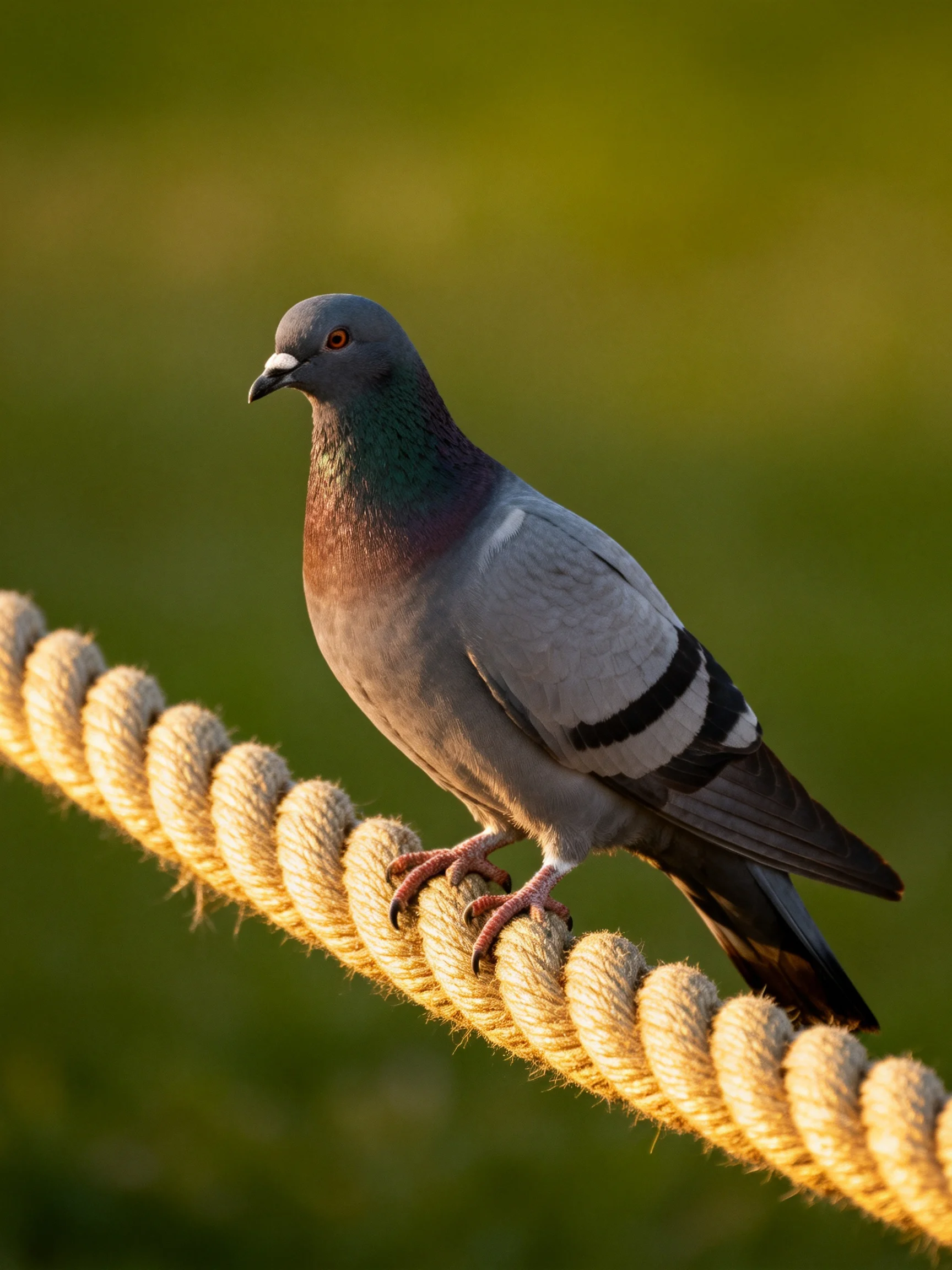 Gray pigeon perched on thick twisted rope with golden sunlight