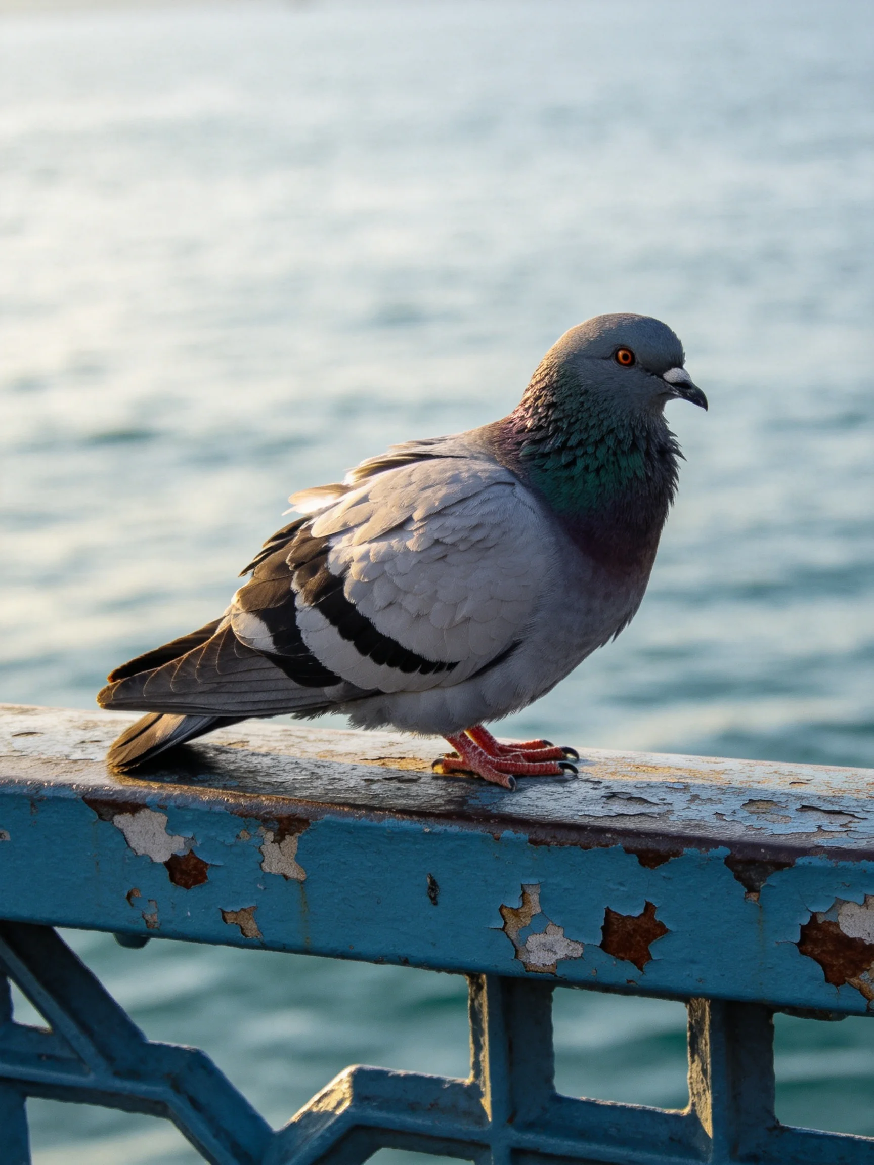 Gray pigeon perched on weathered blue railing by calm water