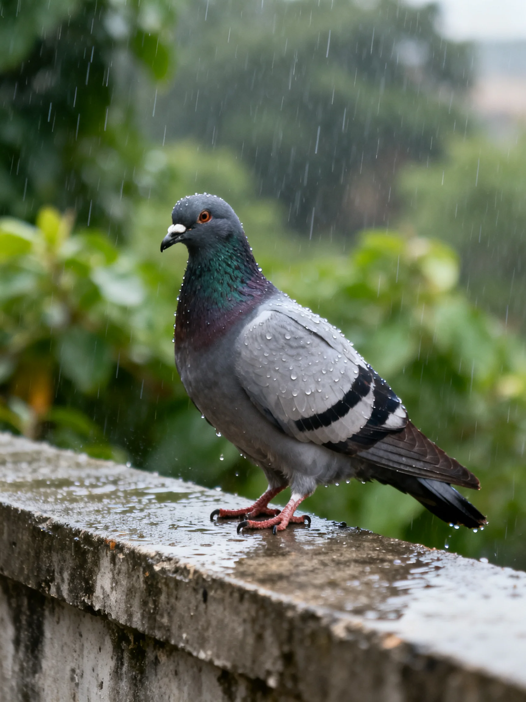 Gray pigeon perched on wet concrete ledge amidst falling rain