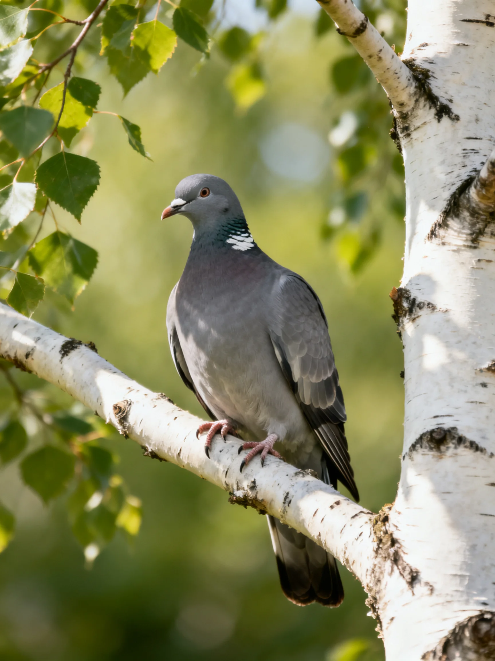 A gray pigeon rests on a white birch branch amid green foliage.